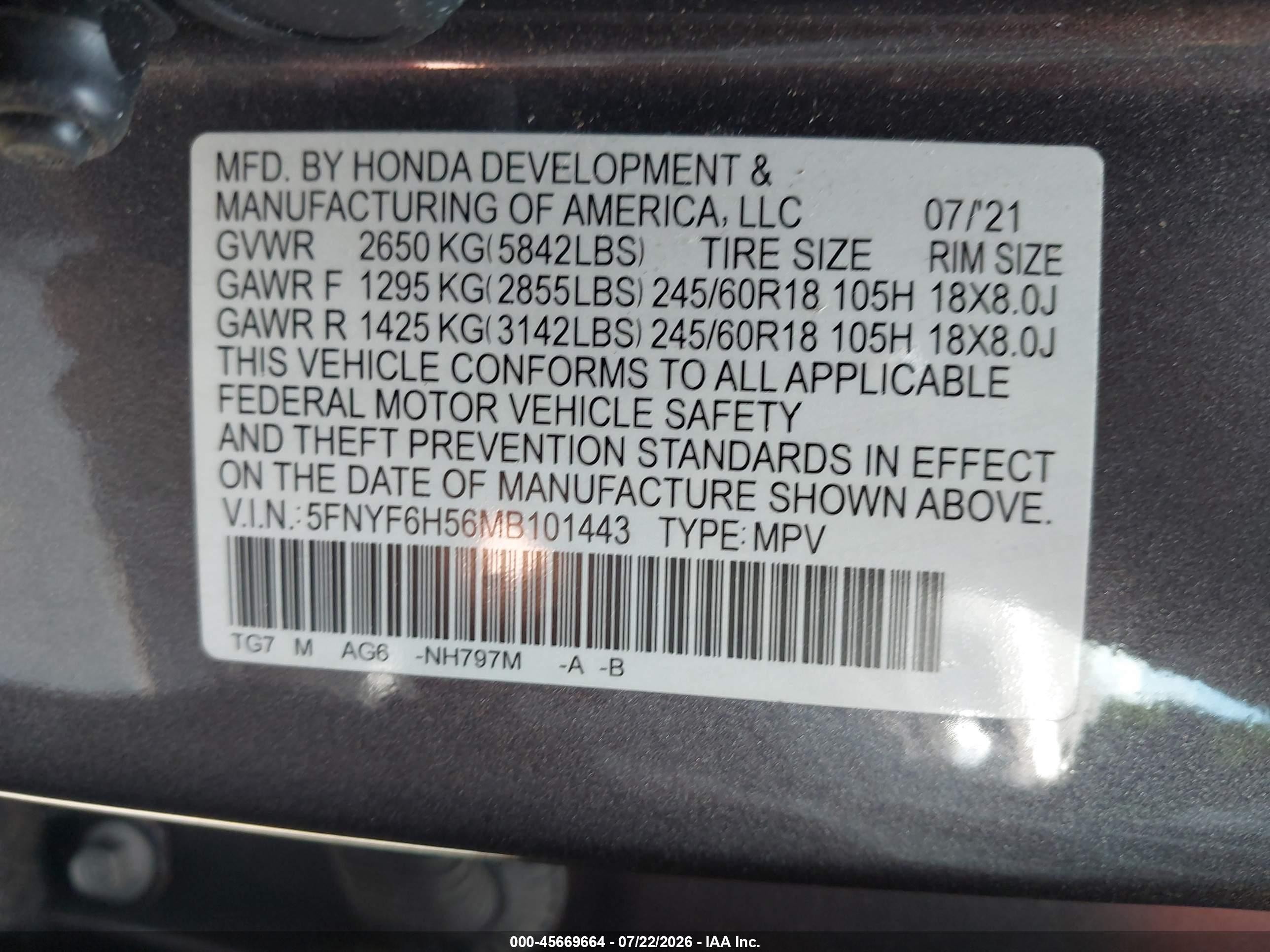 2021 Honda Pilot Awd Ex-l Серый vin: 5FNYF6H56MB101443