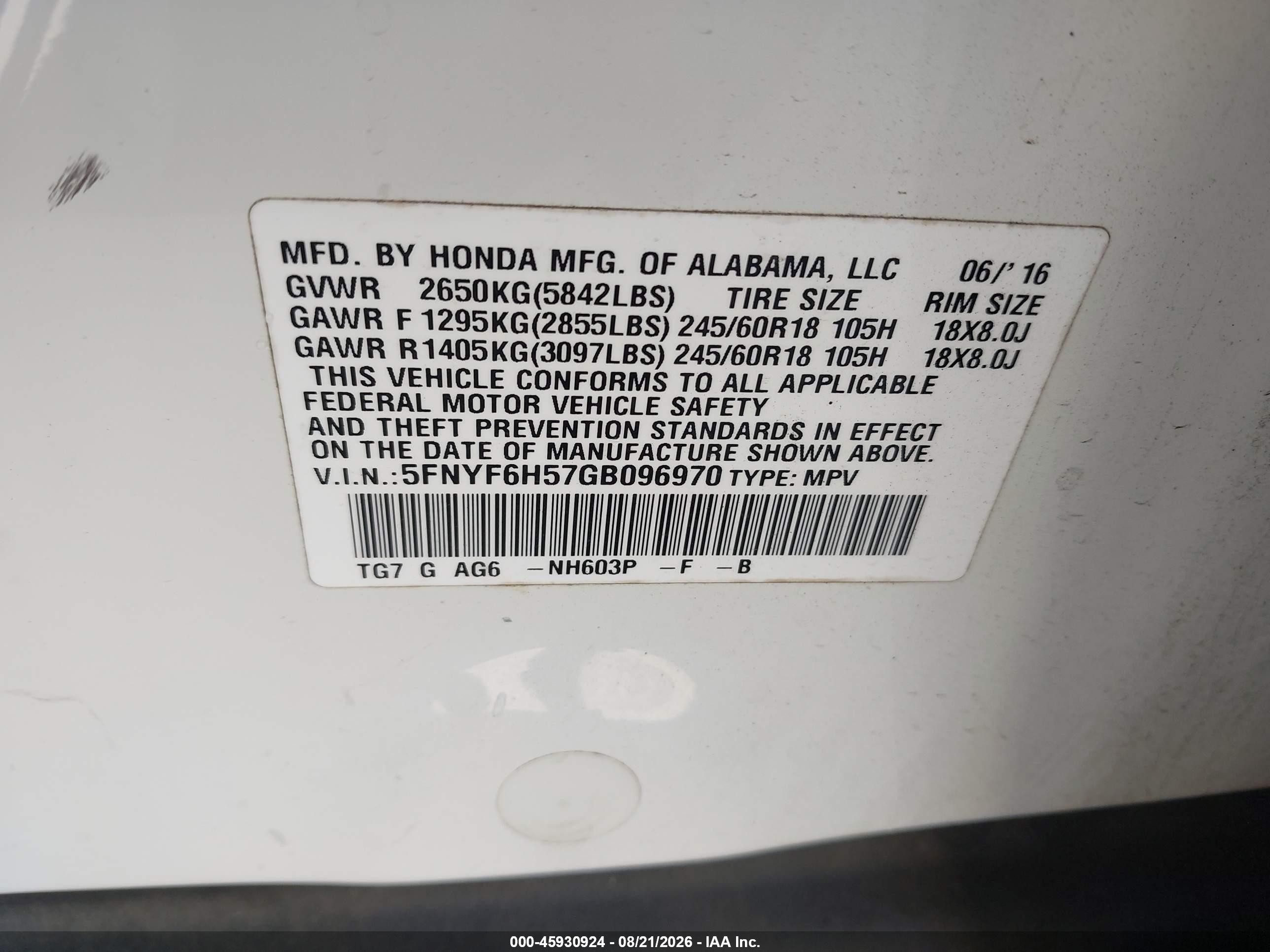 2016 Honda Pilot Ex-l White vin: 5FNYF6H57GB096970