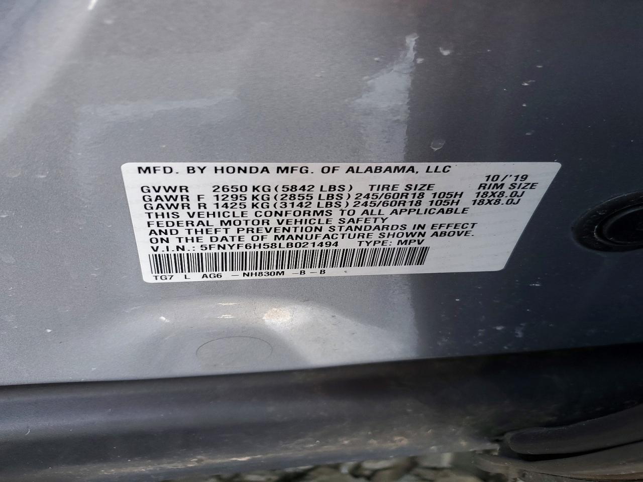 2020 Honda Pilot Exl Gray vin: 5FNYF6H58LB021494
