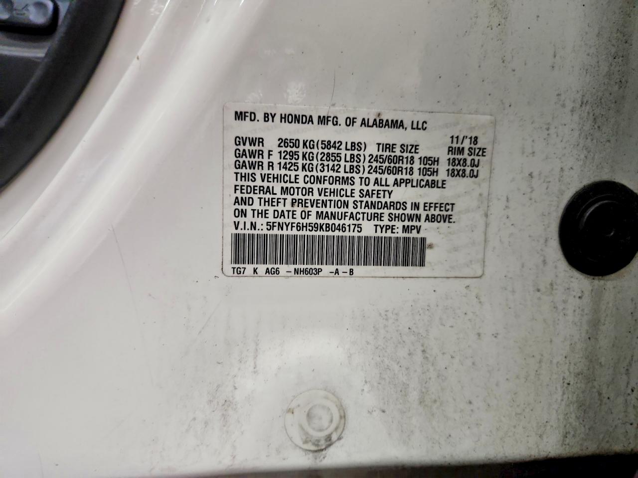2019 Honda Pilot Exl Белый vin: 5FNYF6H59KB046175