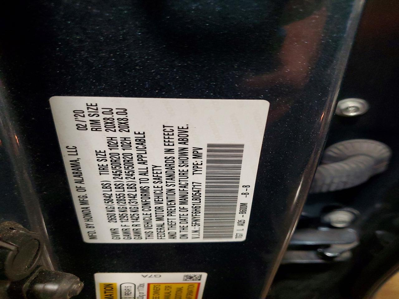 2020 Honda Pilot Touring Blue vin: 5FNYF6H61LB054717