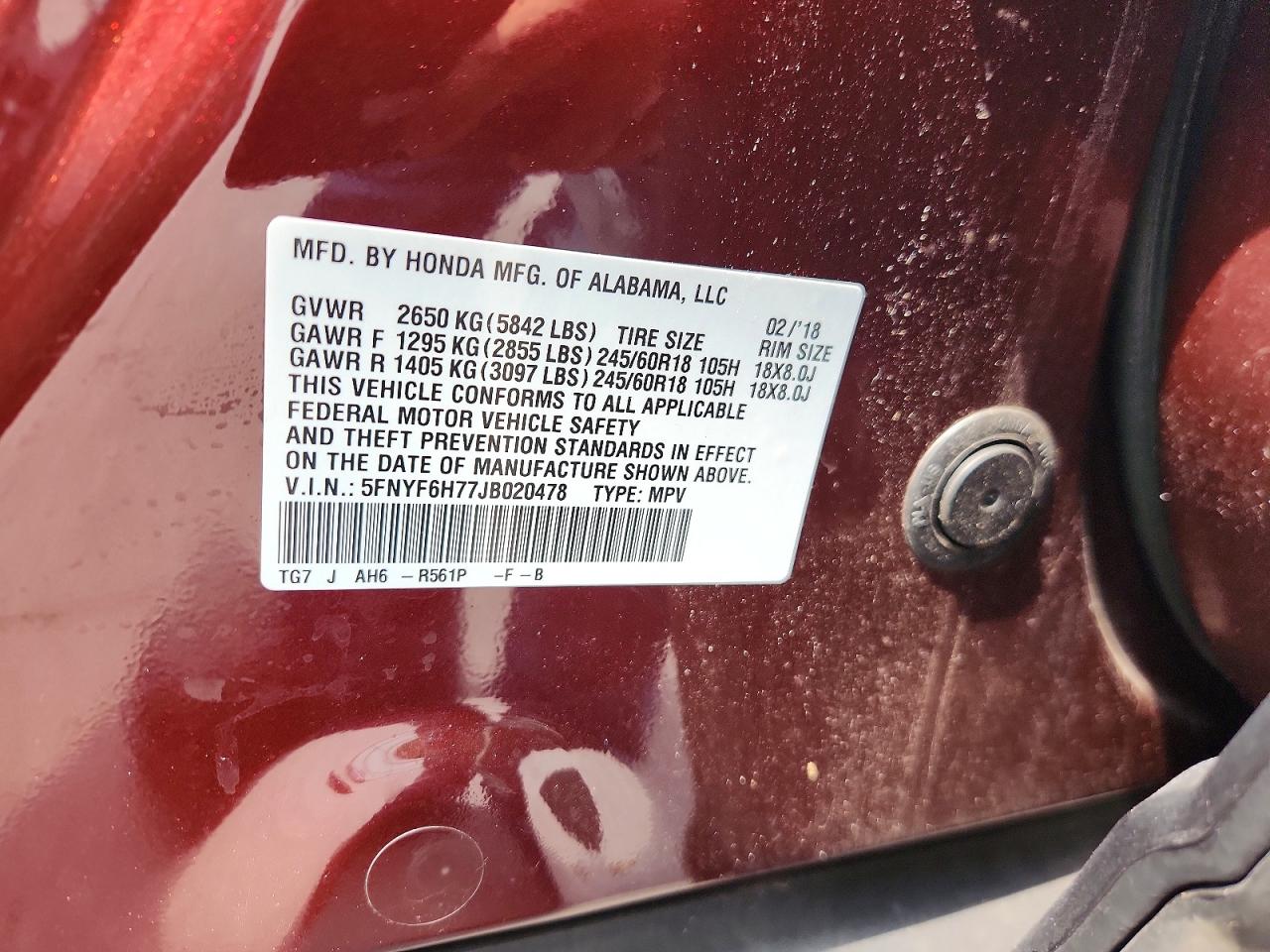 2018 Honda Pilot Exln Burgundy vin: 5FNYF6H77JB020478
