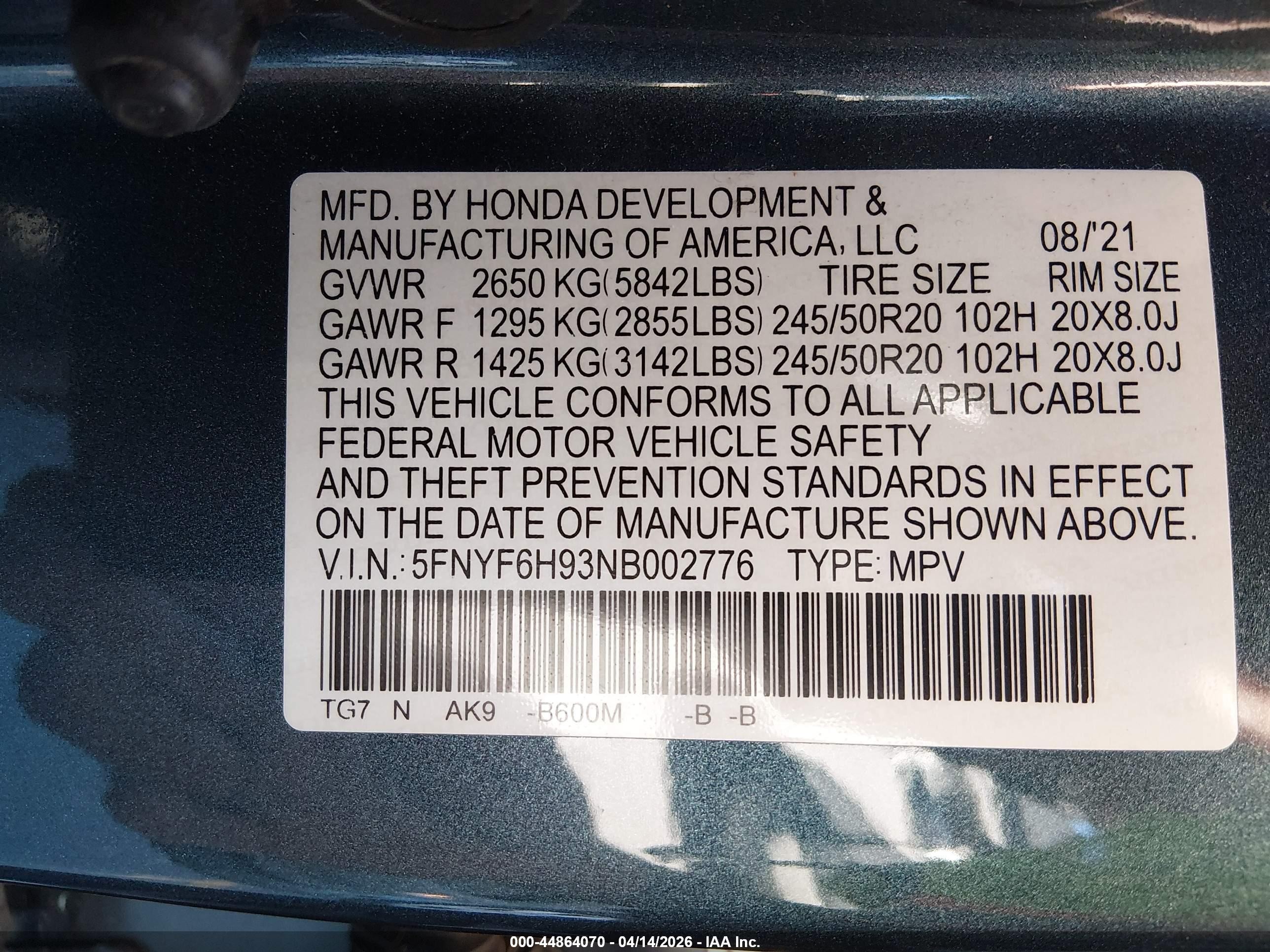 2022 Honda Pilot Awd Touring 8 Passenger Синий vin: 5FNYF6H93NB002776