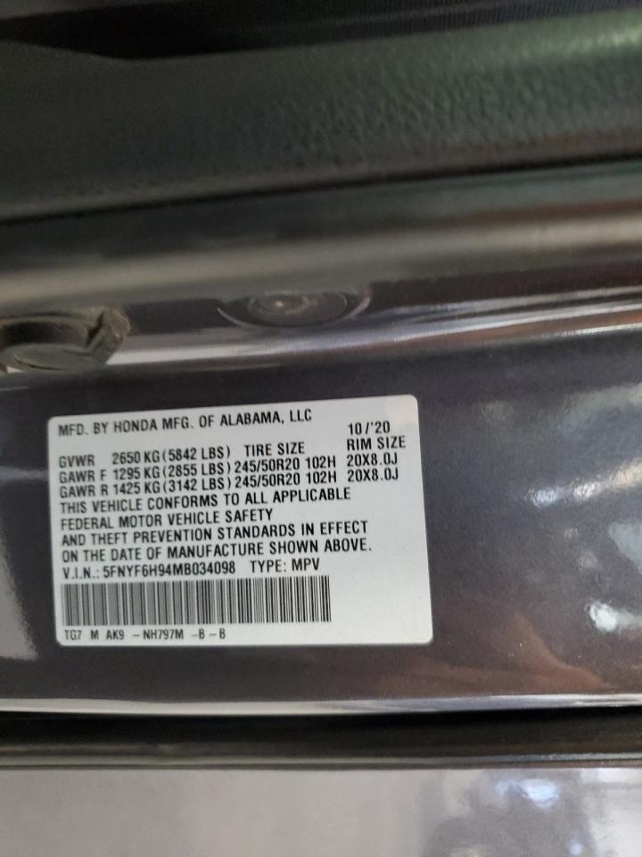 2021 Honda Pilot Touring Серый vin: 5FNYF6H94MB034098