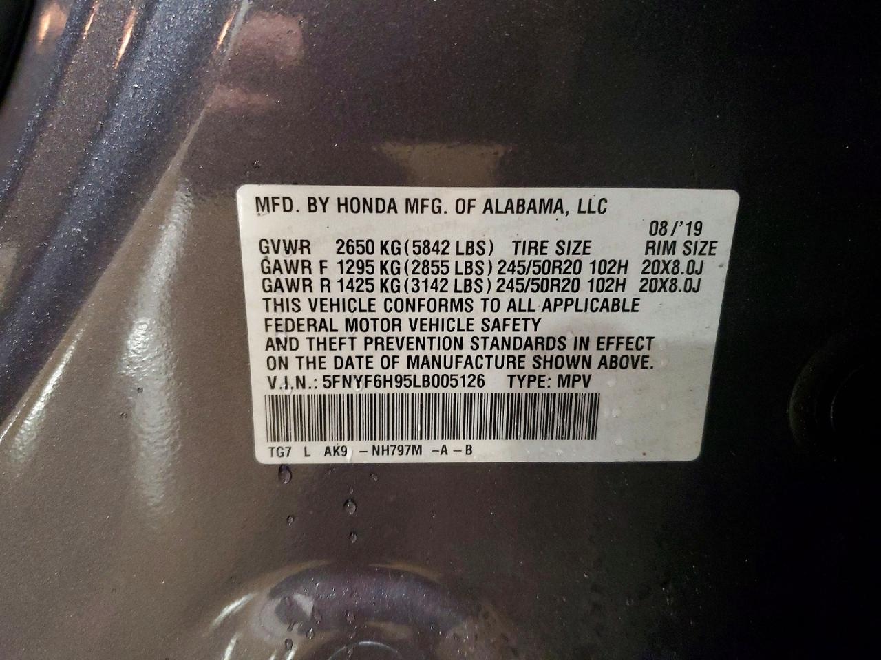 2020 Honda Pilot Touring Gray vin: 5FNYF6H95LB005126