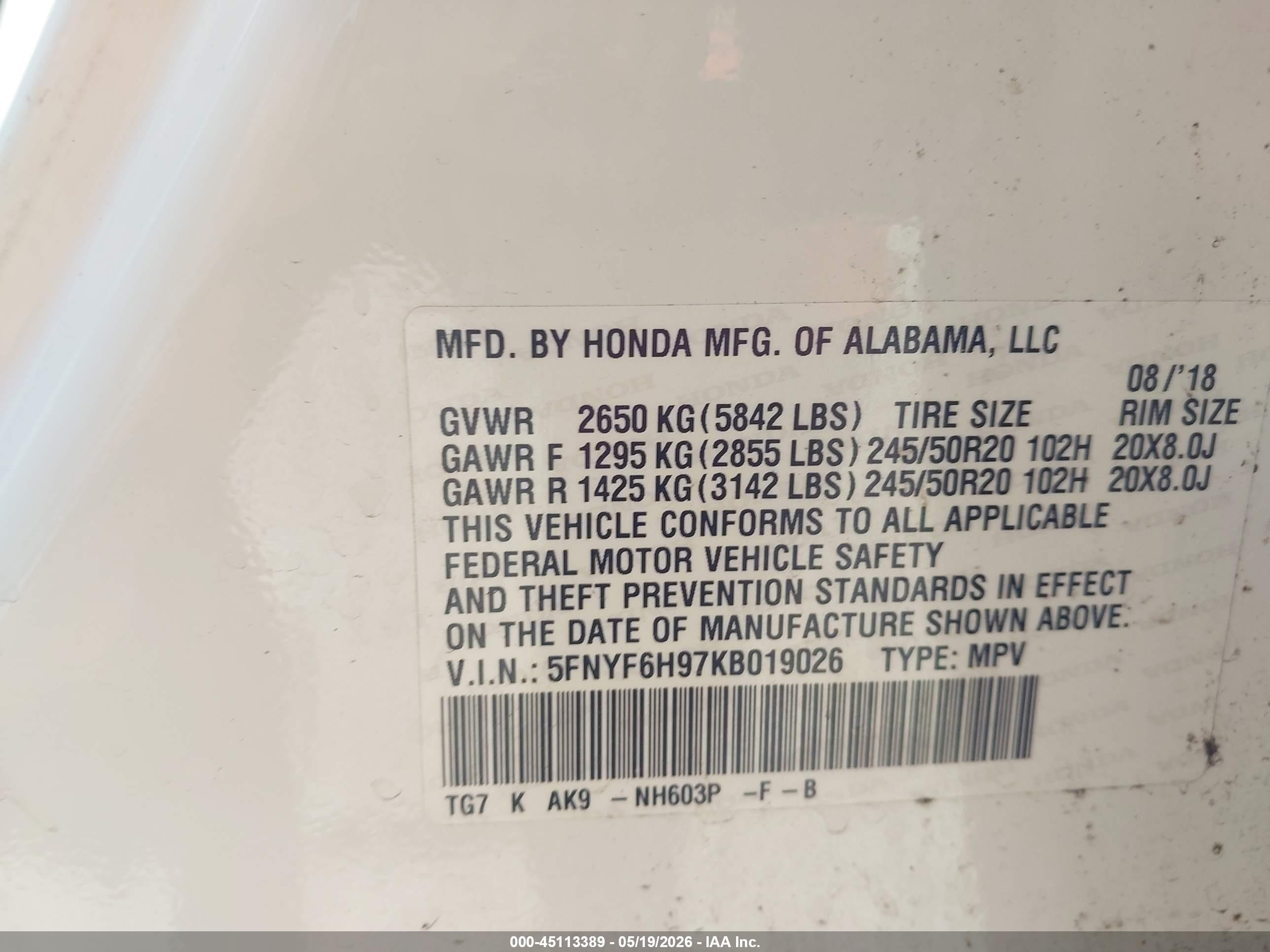 2019 Honda Pilot Touring White vin: 5FNYF6H97KB019026