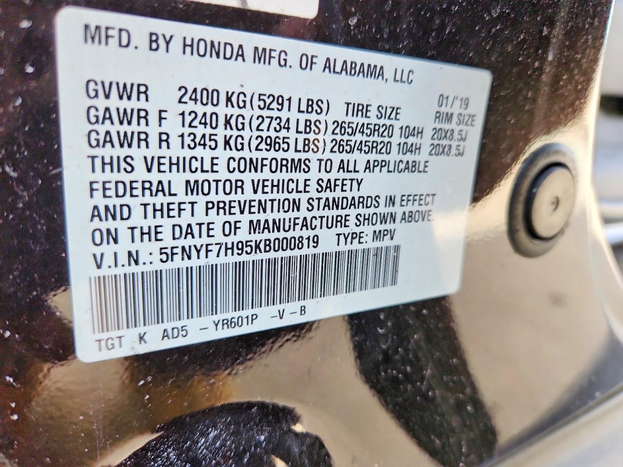 2019 Honda Passport Touring Черный vin: 5FNYF7H95KB000819