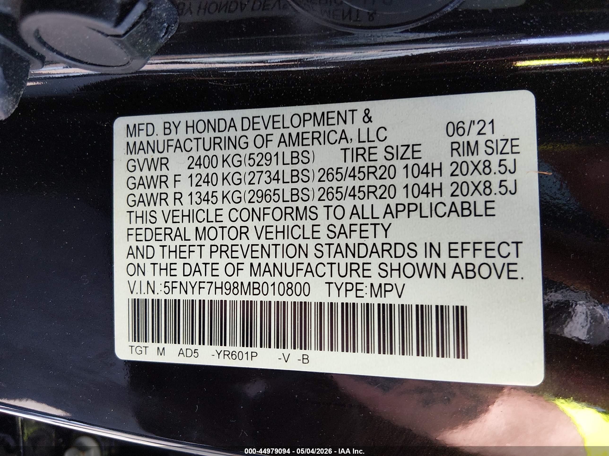 2021 Honda Passport 2wd Touring Black vin: 5FNYF7H98MB010800