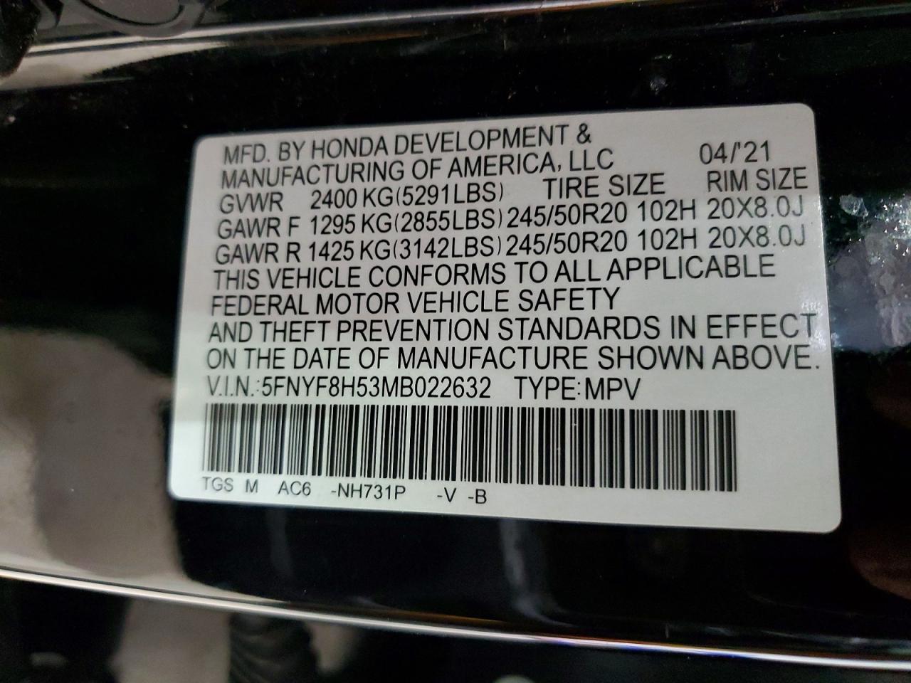 2021 Honda Passport Exl Black vin: 5FNYF8H53MB022632