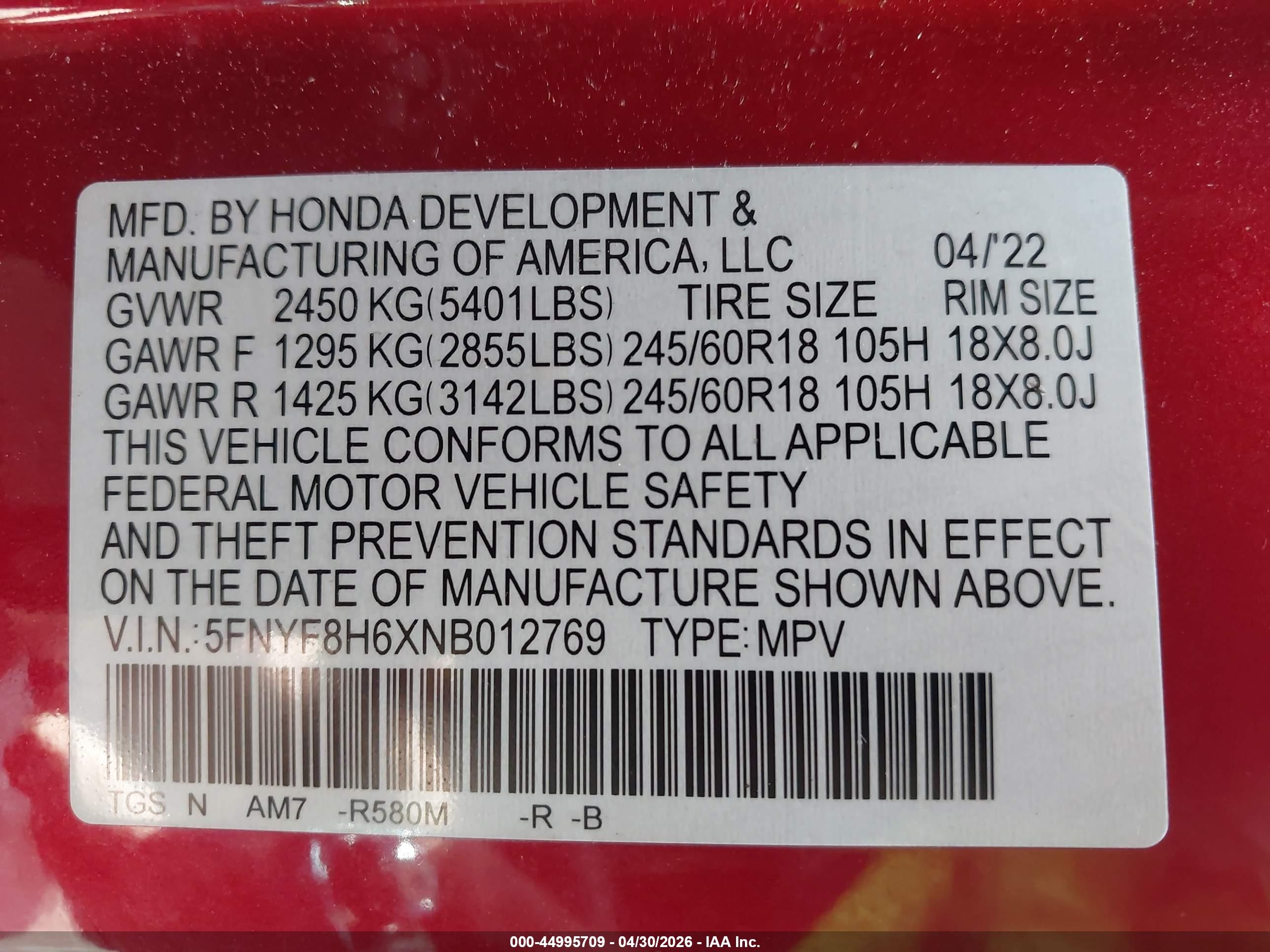 2022 Honda Passport Awd Trailsport Красный vin: 5FNYF8H6XNB012769
