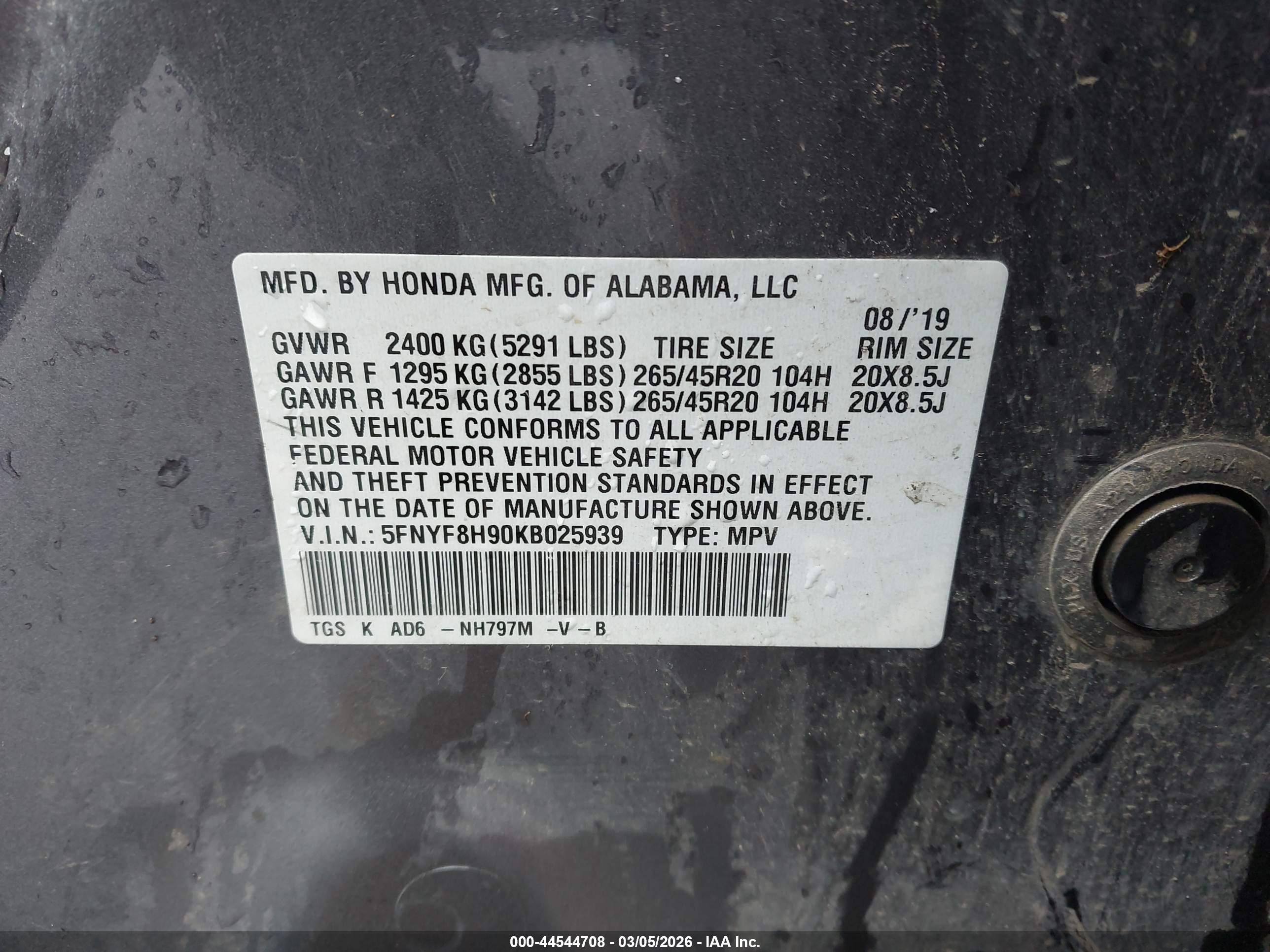 2019 Honda Passport Touring Gray vin: 5FNYF8H90KB025939