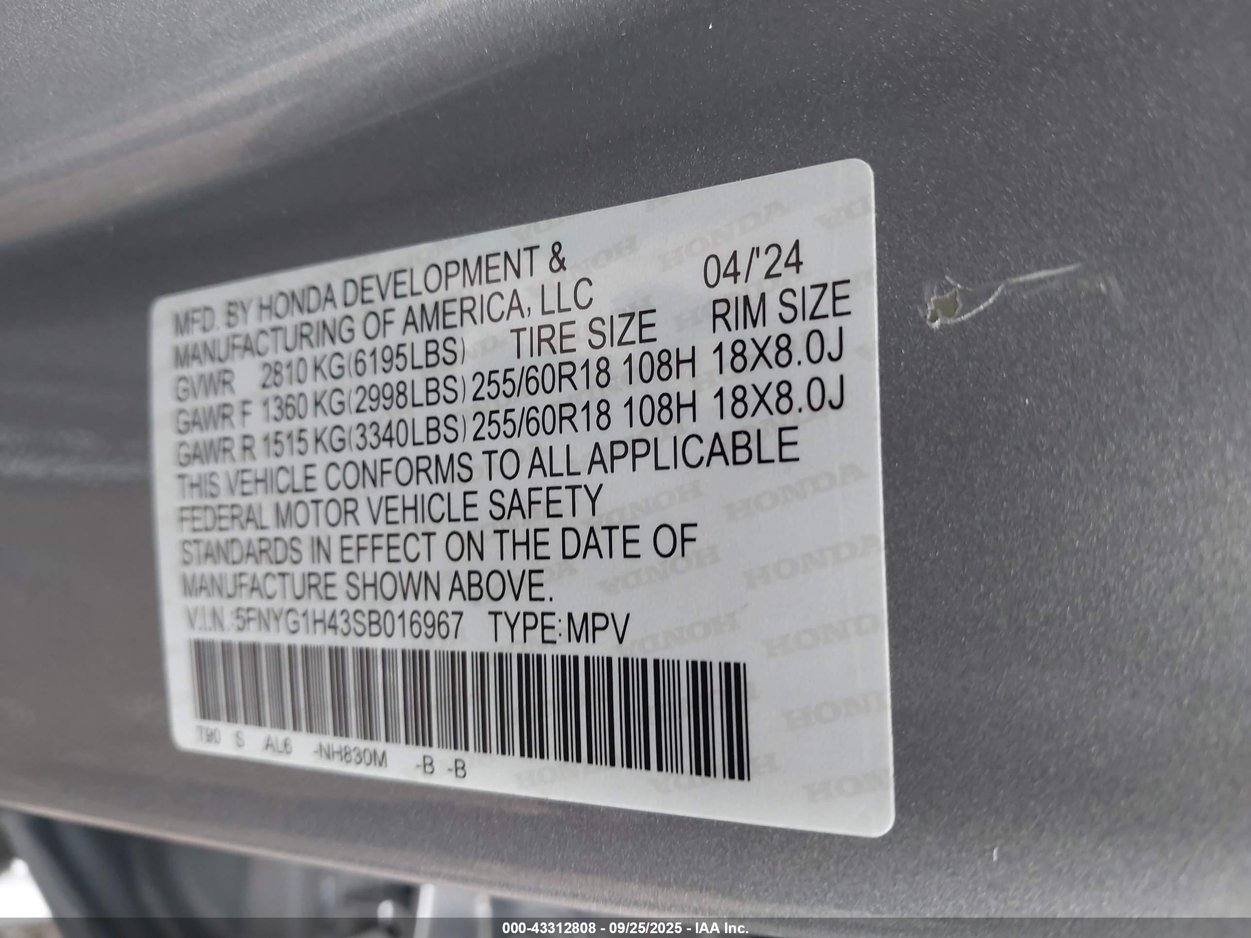 2025 Honda Pilot Ex-l Серый vin: 5FNYG1H43SB016967