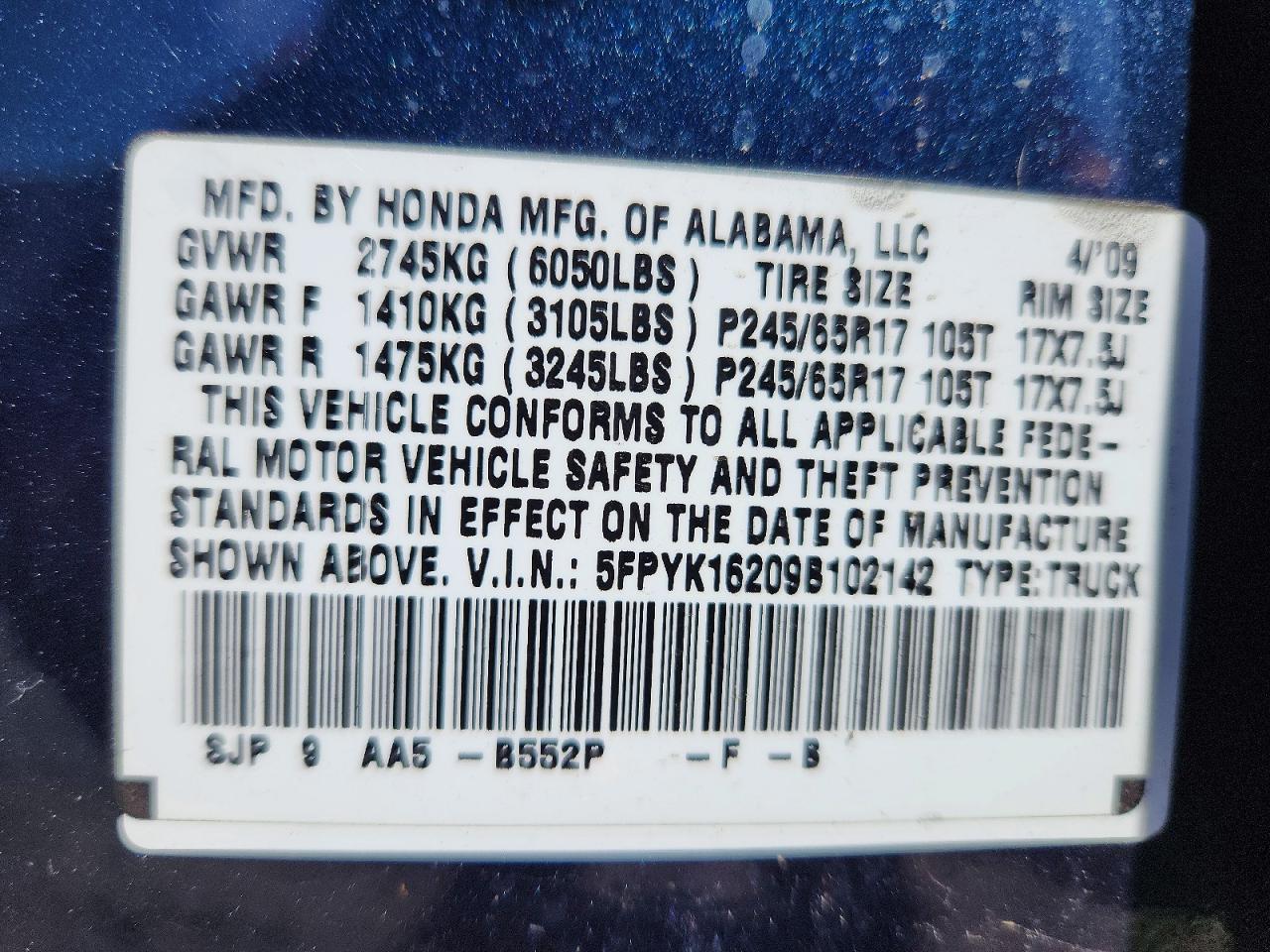 2009 Honda Ridgeline Rt Blue vin: 5FPYK16209B102142