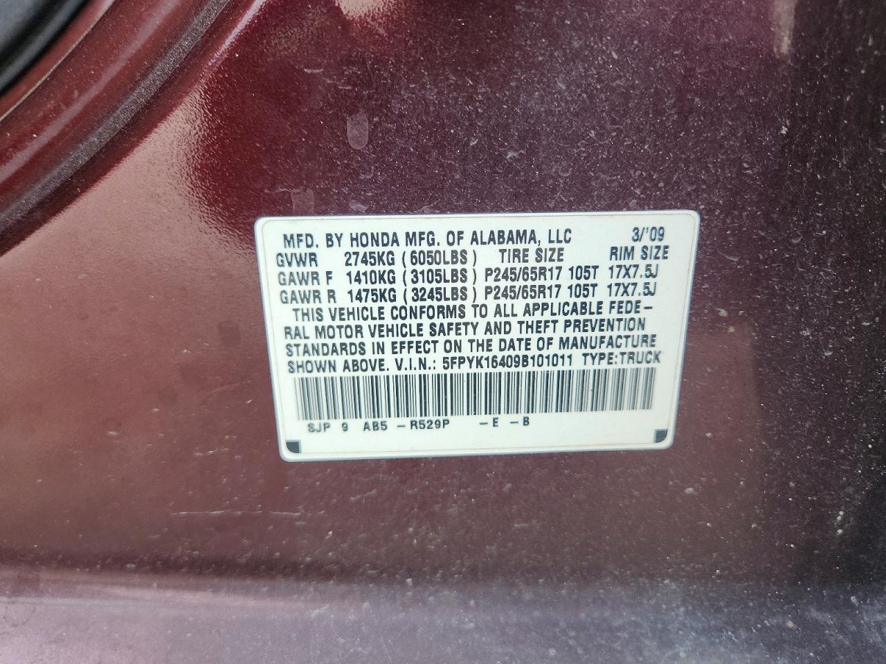 2009 Honda Ridgeline Rts Burgundy vin: 5FPYK16409B101011