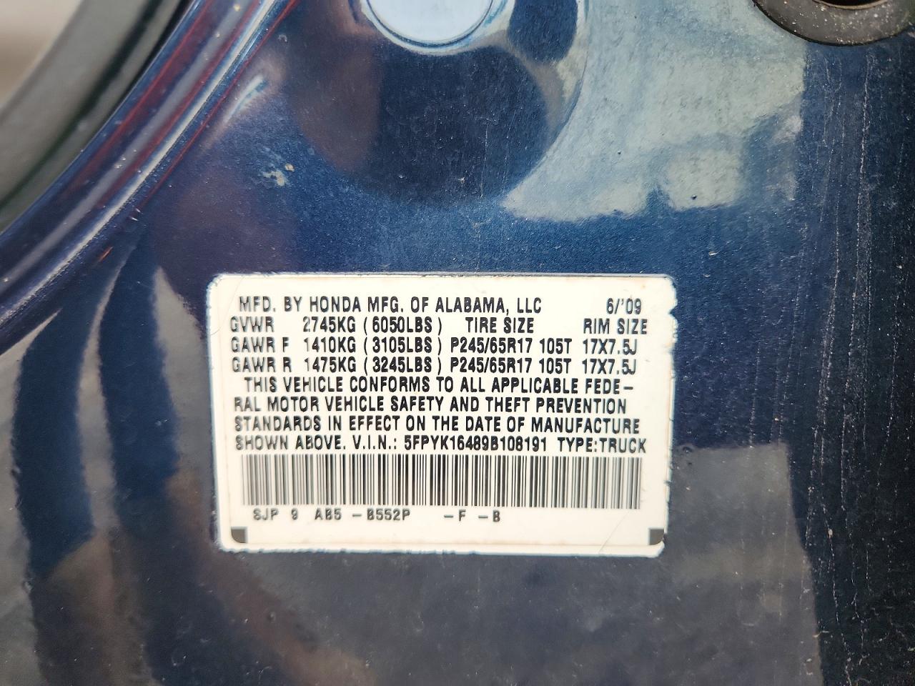 2009 Honda Ridgeline Rts Blue vin: 5FPYK16489B108191