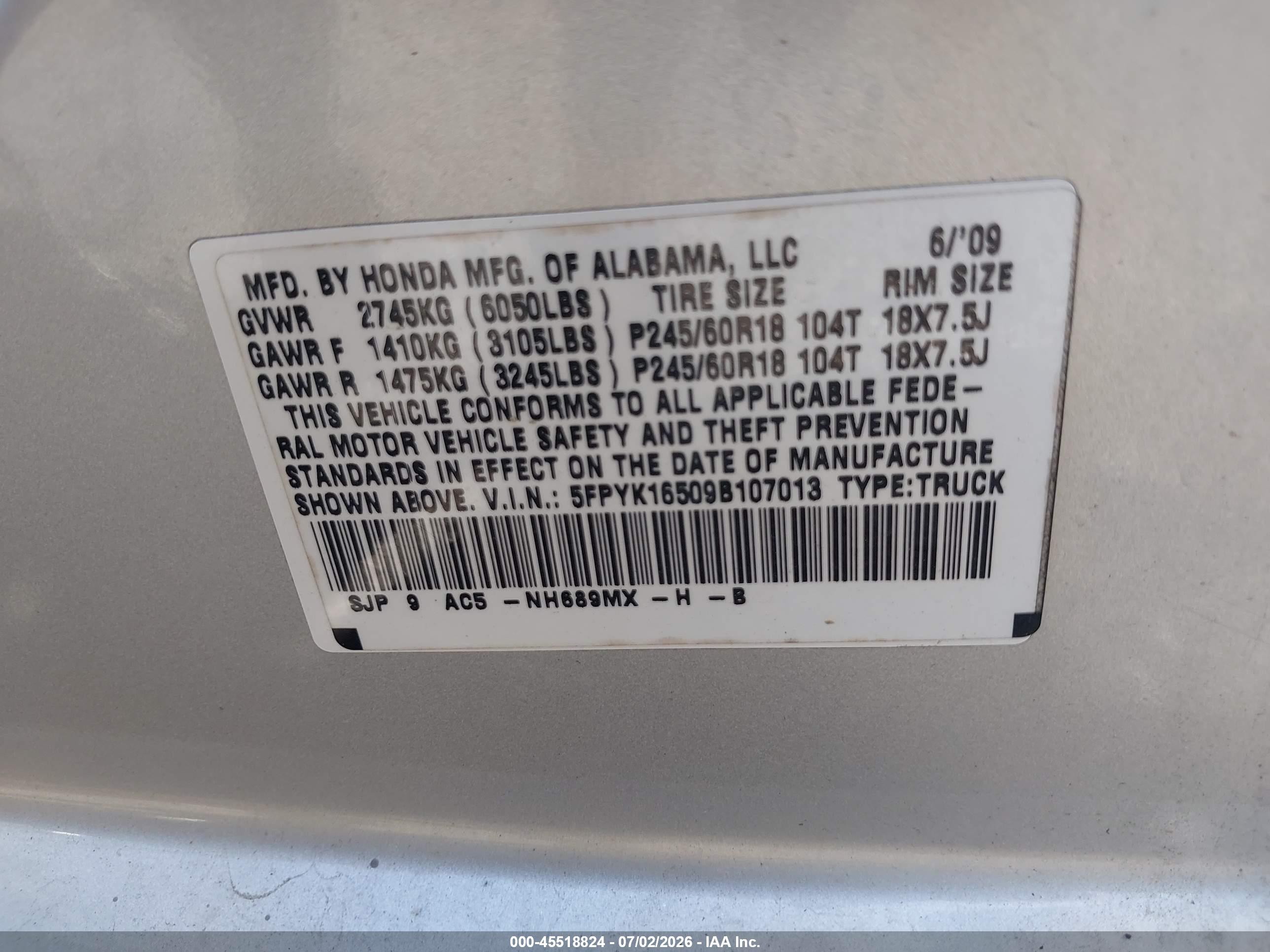 2009 Honda Ridgeline Rtl Серебряный vin: 5FPYK16509B107013