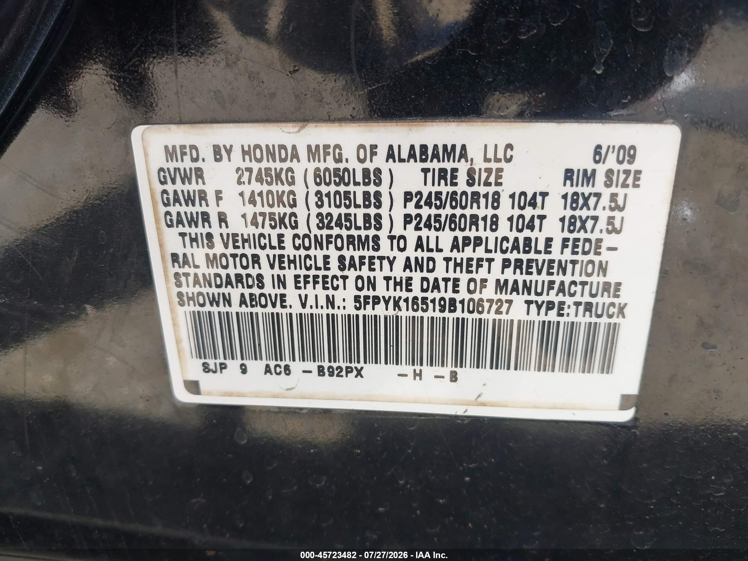 2009 Honda Ridgeline Rtl Black vin: 5FPYK16519B106727