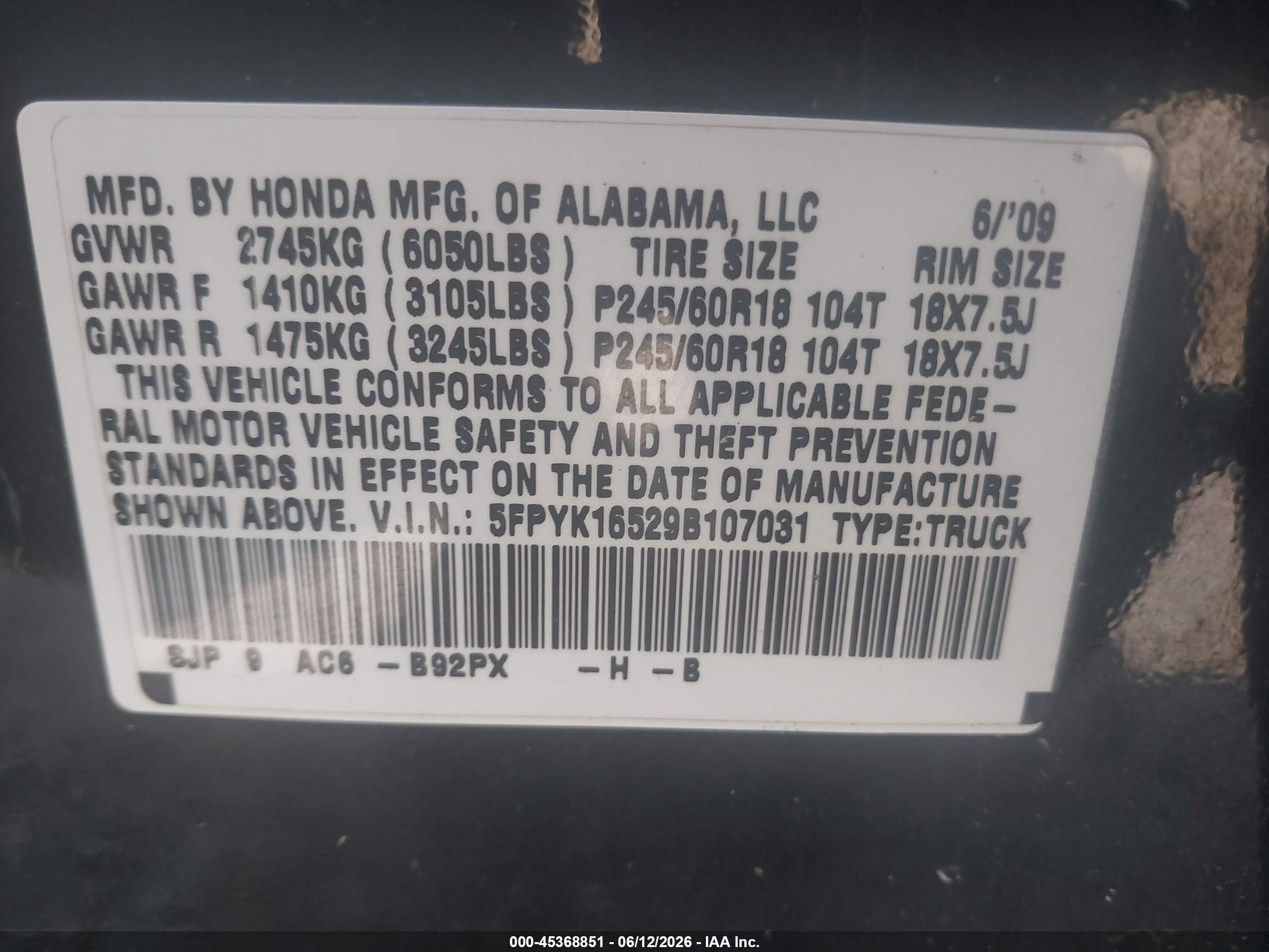 2009 Honda Ridgeline Rtl Black vin: 5FPYK16529B107031