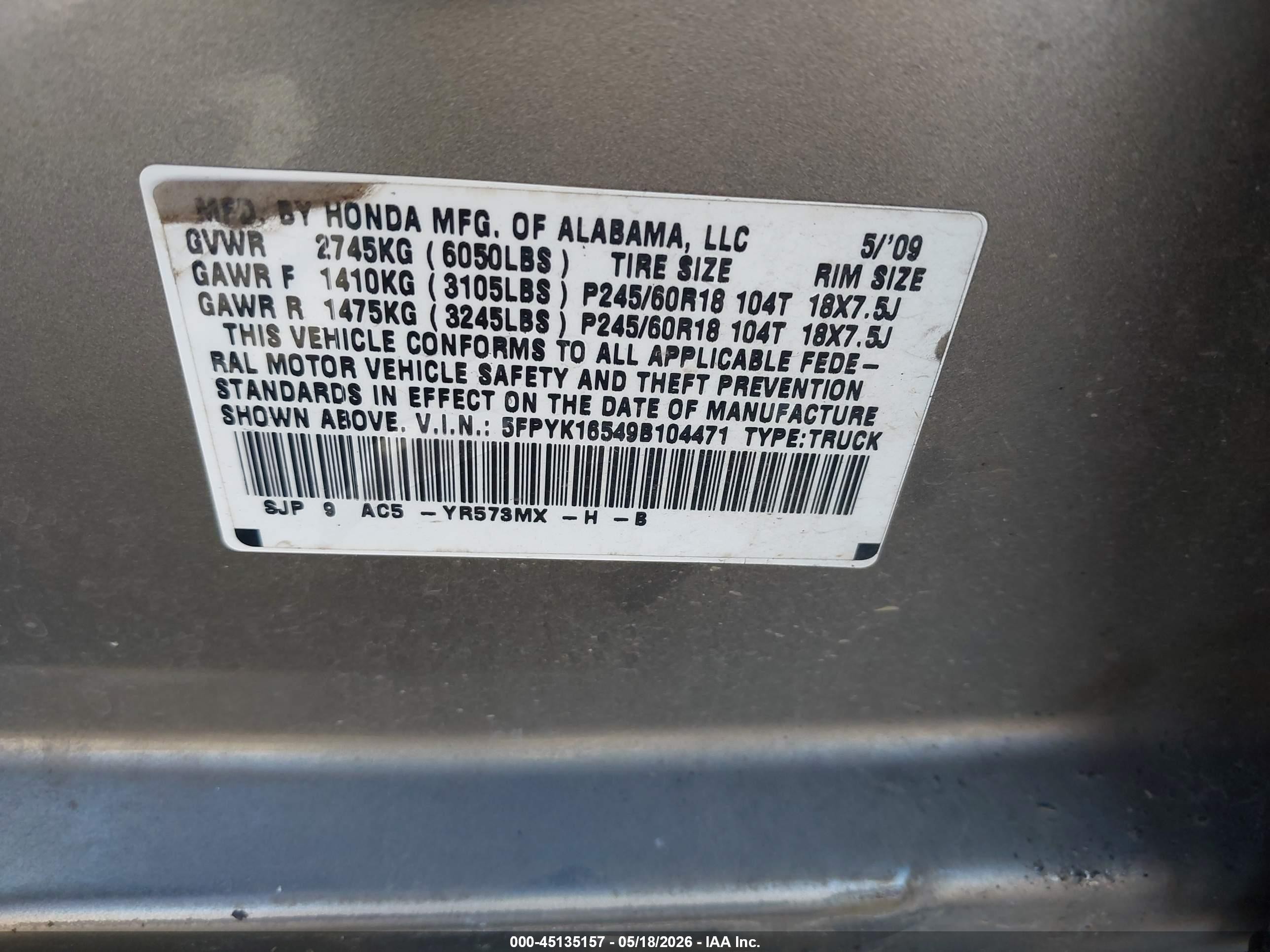 2009 Honda Ridgeline Rtl Gray vin: 5FPYK16549B104471