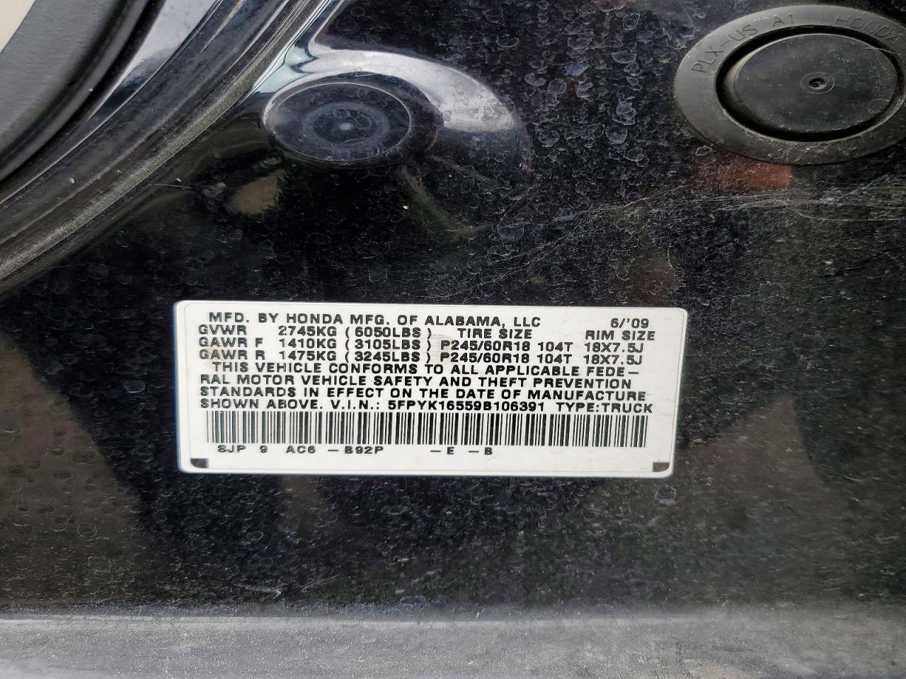 2009 Honda Ridgeline Rtl Black vin: 5FPYK16559B106391