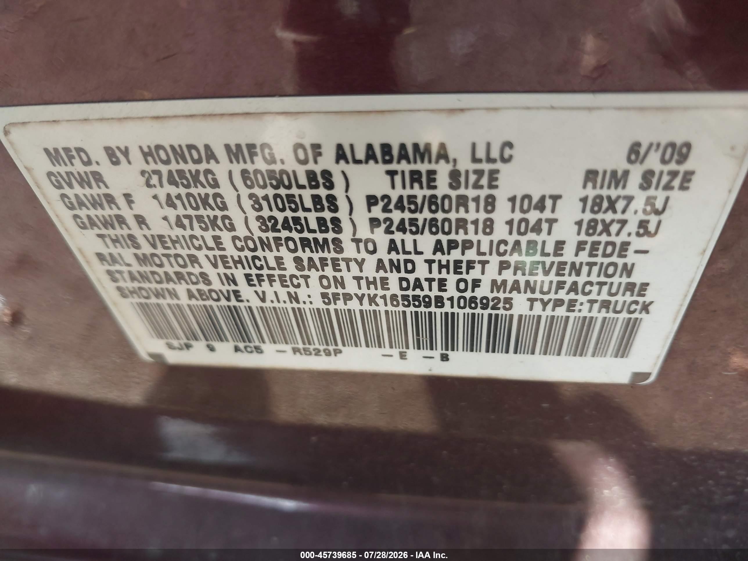 2009 Honda Ridgeline Rtl Purple vin: 5FPYK16559B106925