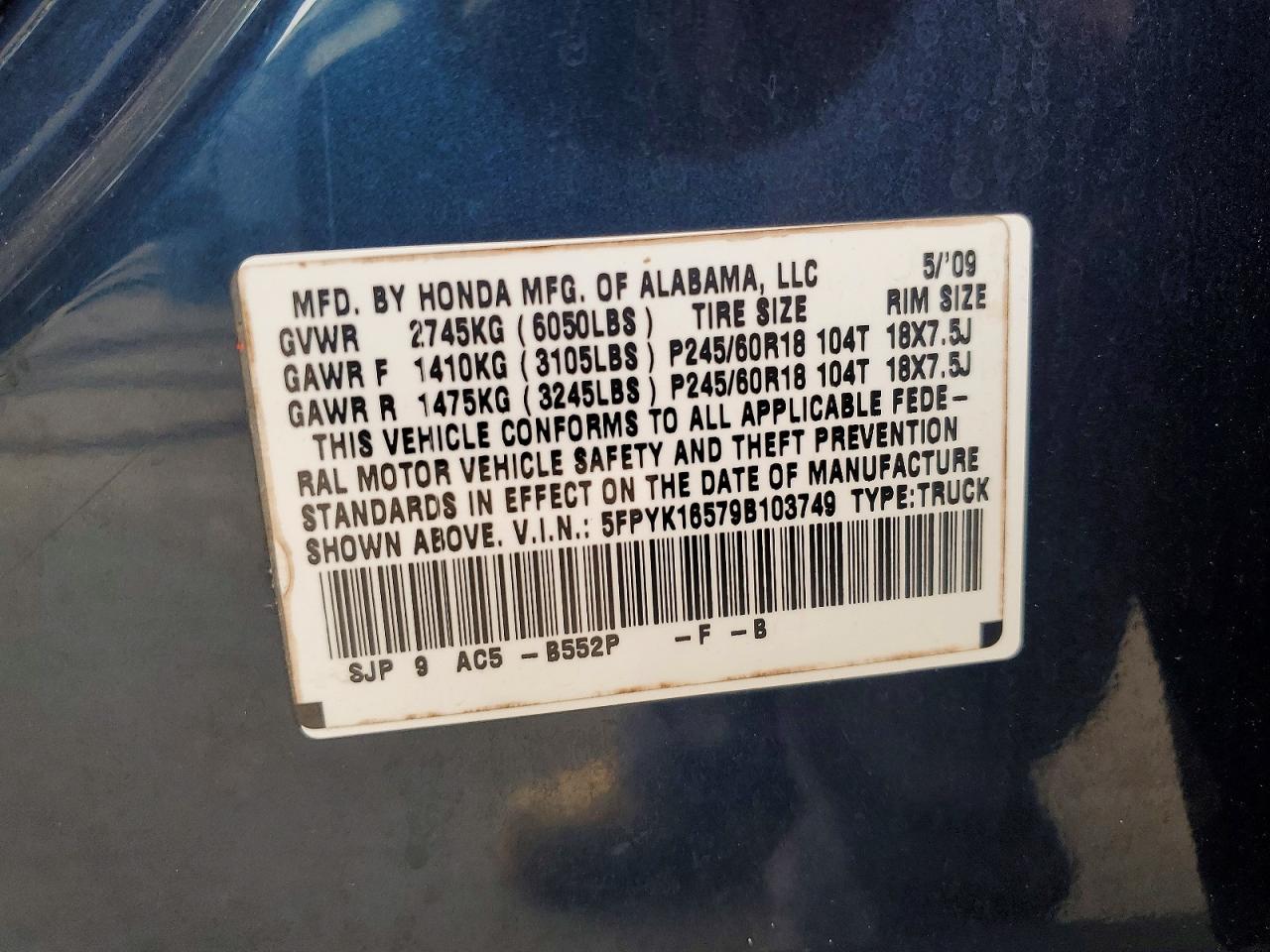2009 Honda Ridgeline Rtl Blue vin: 5FPYK16579B103749