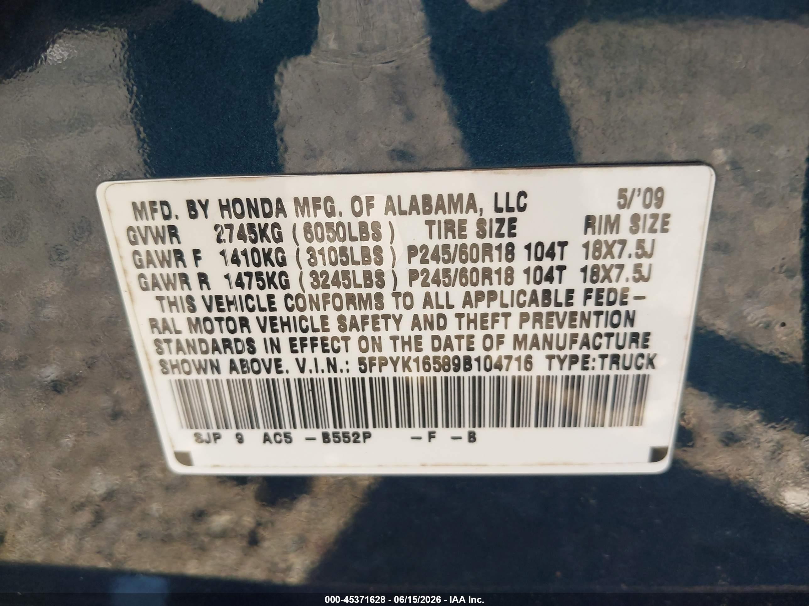 2009 Honda Ridgeline Rtl Blue vin: 5FPYK16589B104716