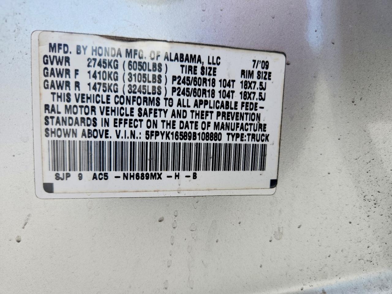 2009 Honda Ridgeline Rtl Silver vin: 5FPYK16589B108880