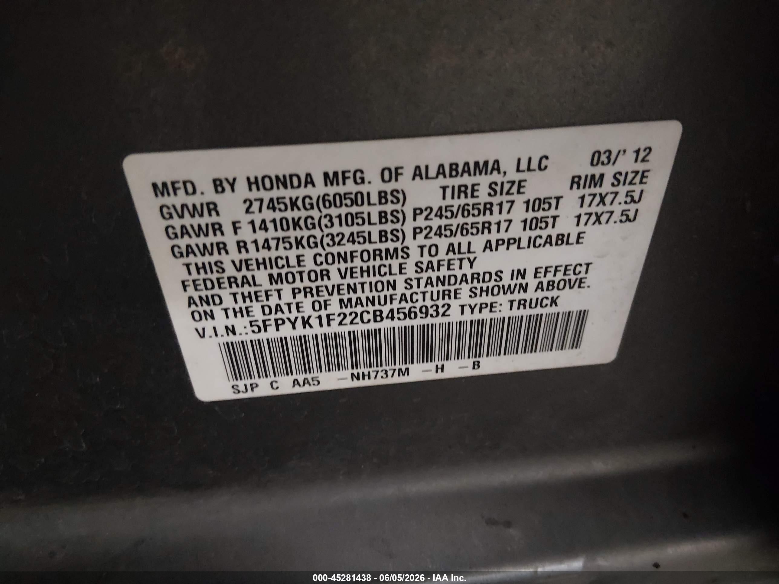 2012 Honda Ridgeline Rt Gray vin: 5FPYK1F22CB456932