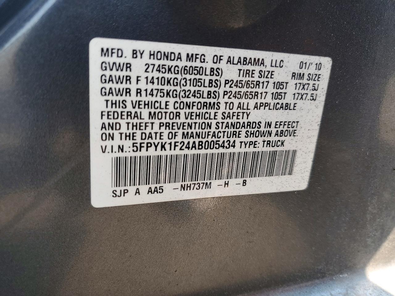 2010 Honda Ridgeline Rt Gray vin: 5FPYK1F24AB005434