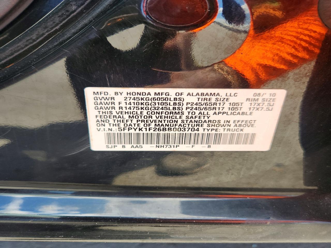 2011 Honda Ridgeline Rt Black vin: 5FPYK1F26BB003704