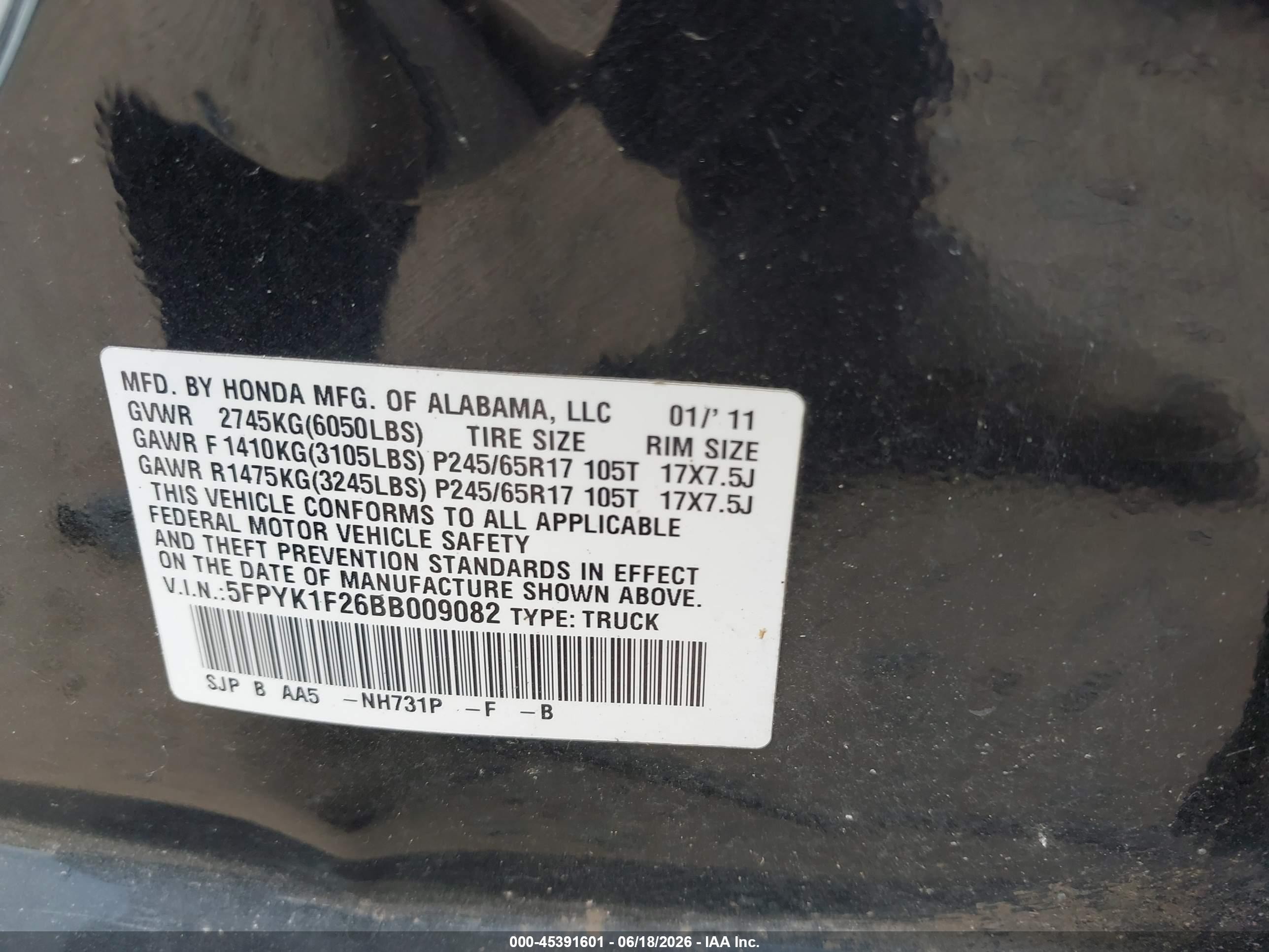 2011 Honda Ridgeline Rt Black vin: 5FPYK1F26BB009082