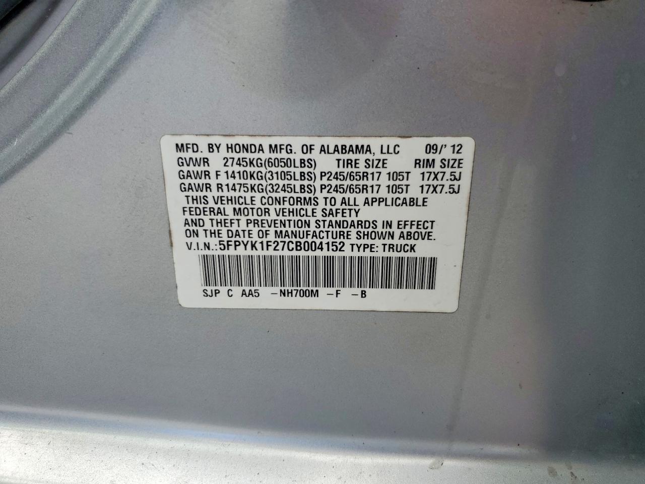 2012 Honda Ridgeline Rt Gray vin: 5FPYK1F27CB004152