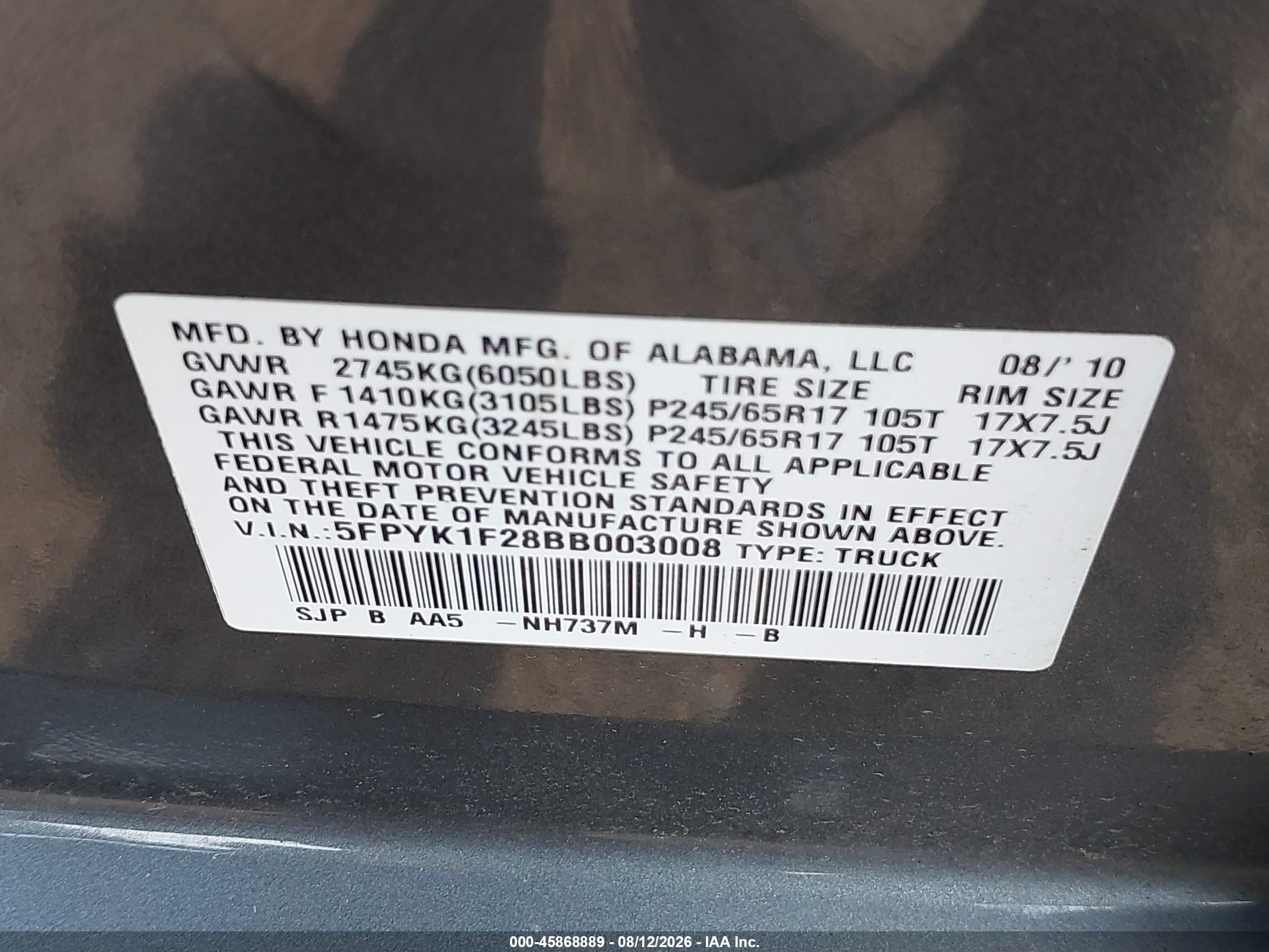 2011 Honda Ridgeline Rt Gray vin: 5FPYK1F28BB003008