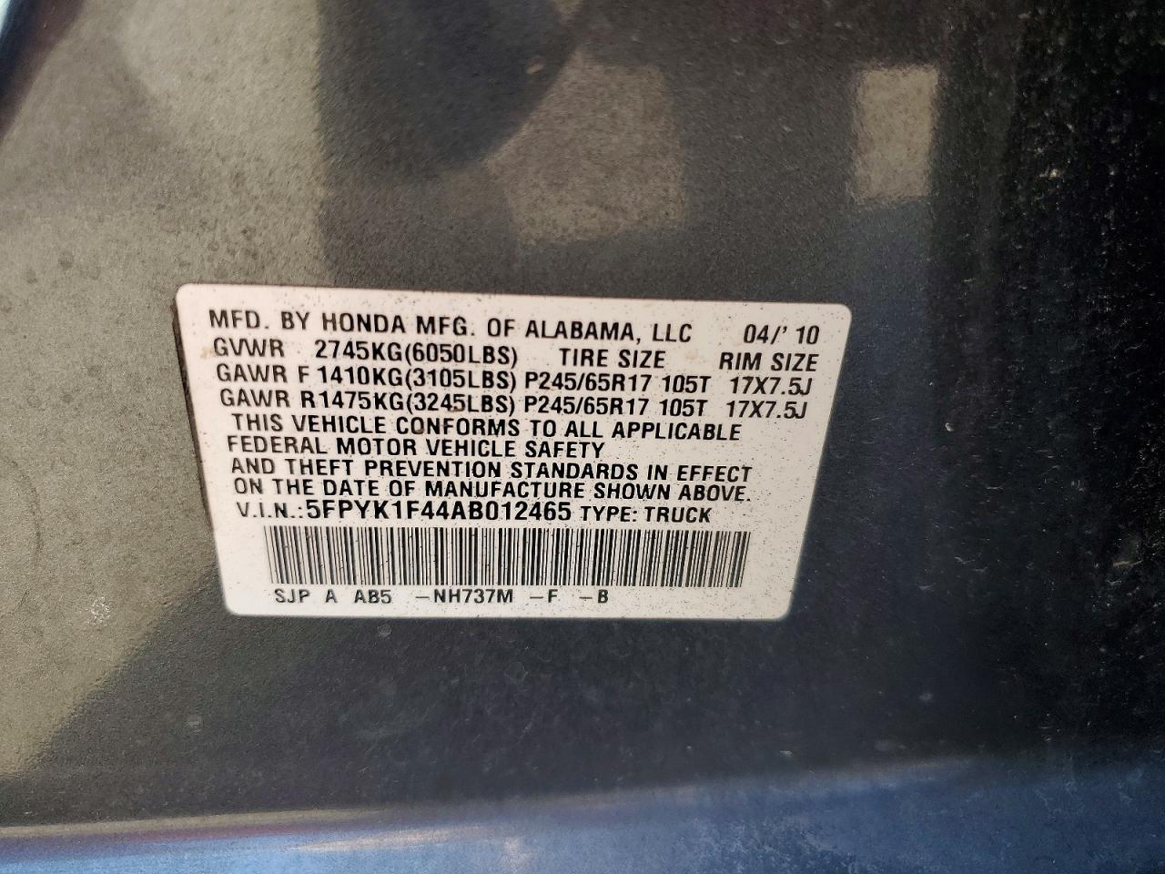 2010 Honda Ridgeline Rts Gray vin: 5FPYK1F44AB012465