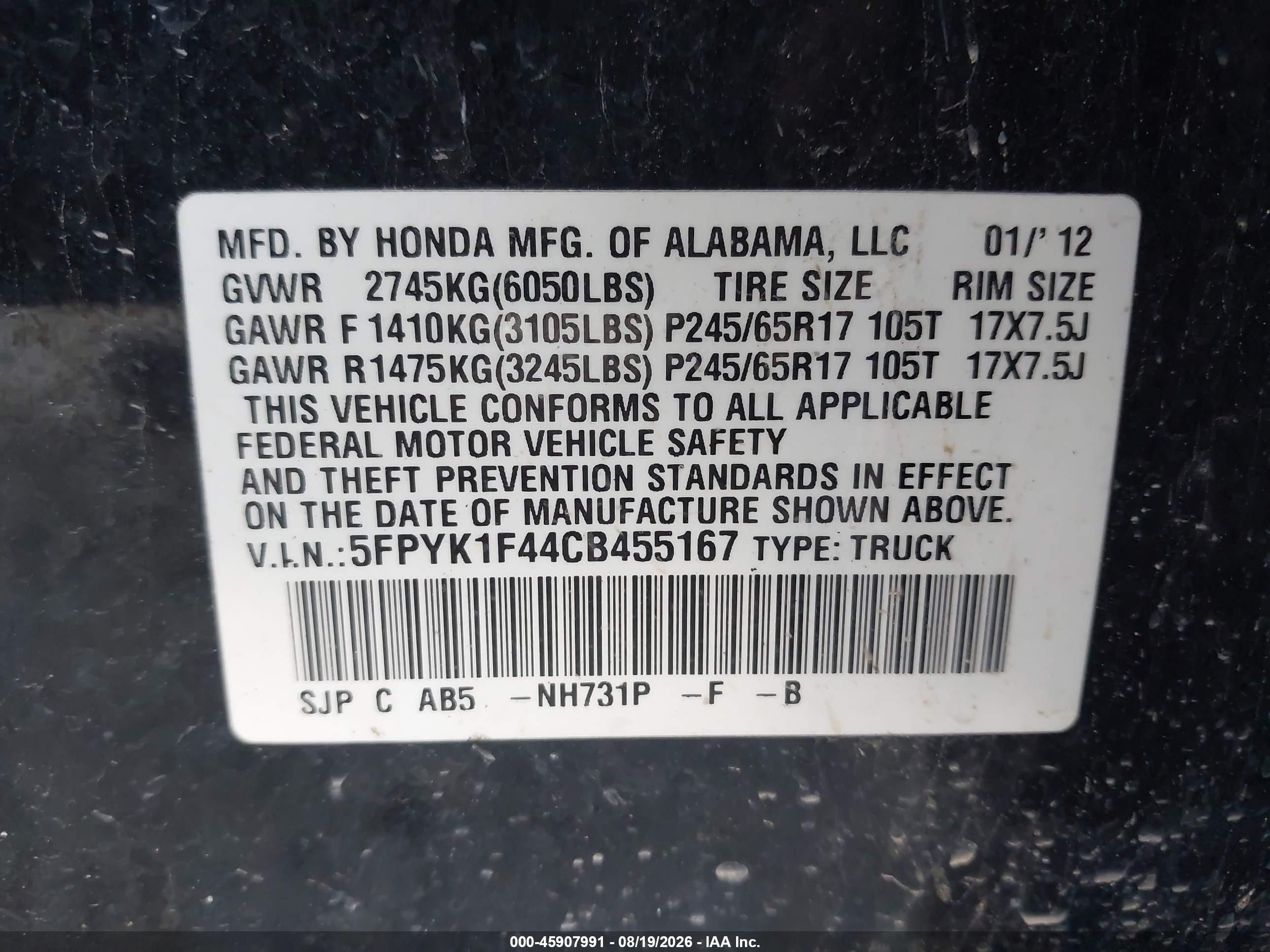 2012 Honda Ridgeline Rts Black vin: 5FPYK1F44CB455167