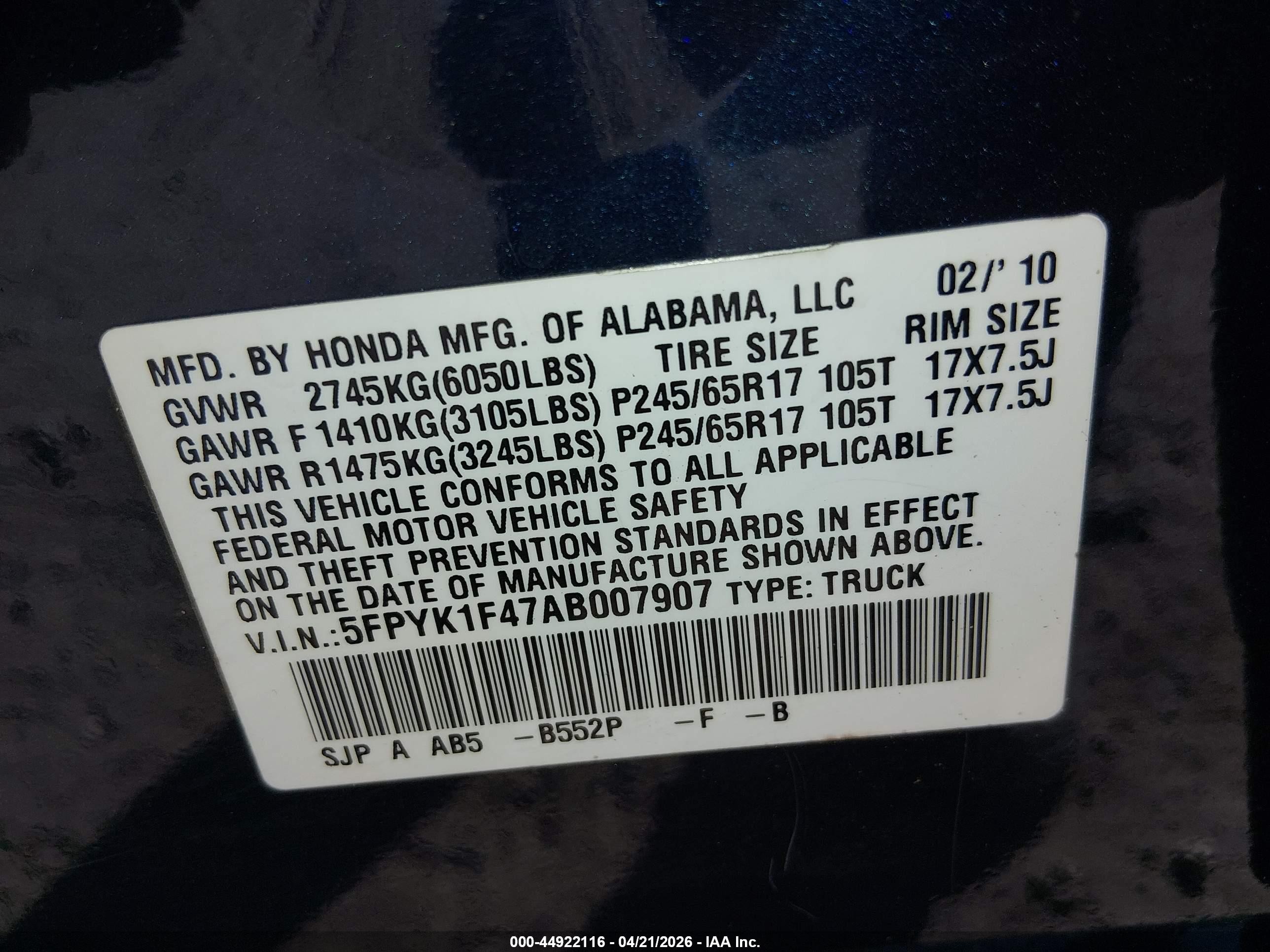 2010 Honda Ridgeline Rts Dark Blue vin: 5FPYK1F47AB007907