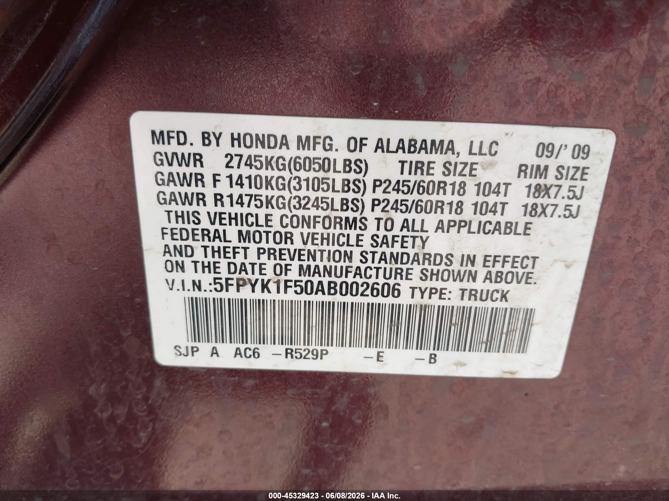 2010 Honda Ridgeline Rtl Maroon vin: 5FPYK1F50AB002606