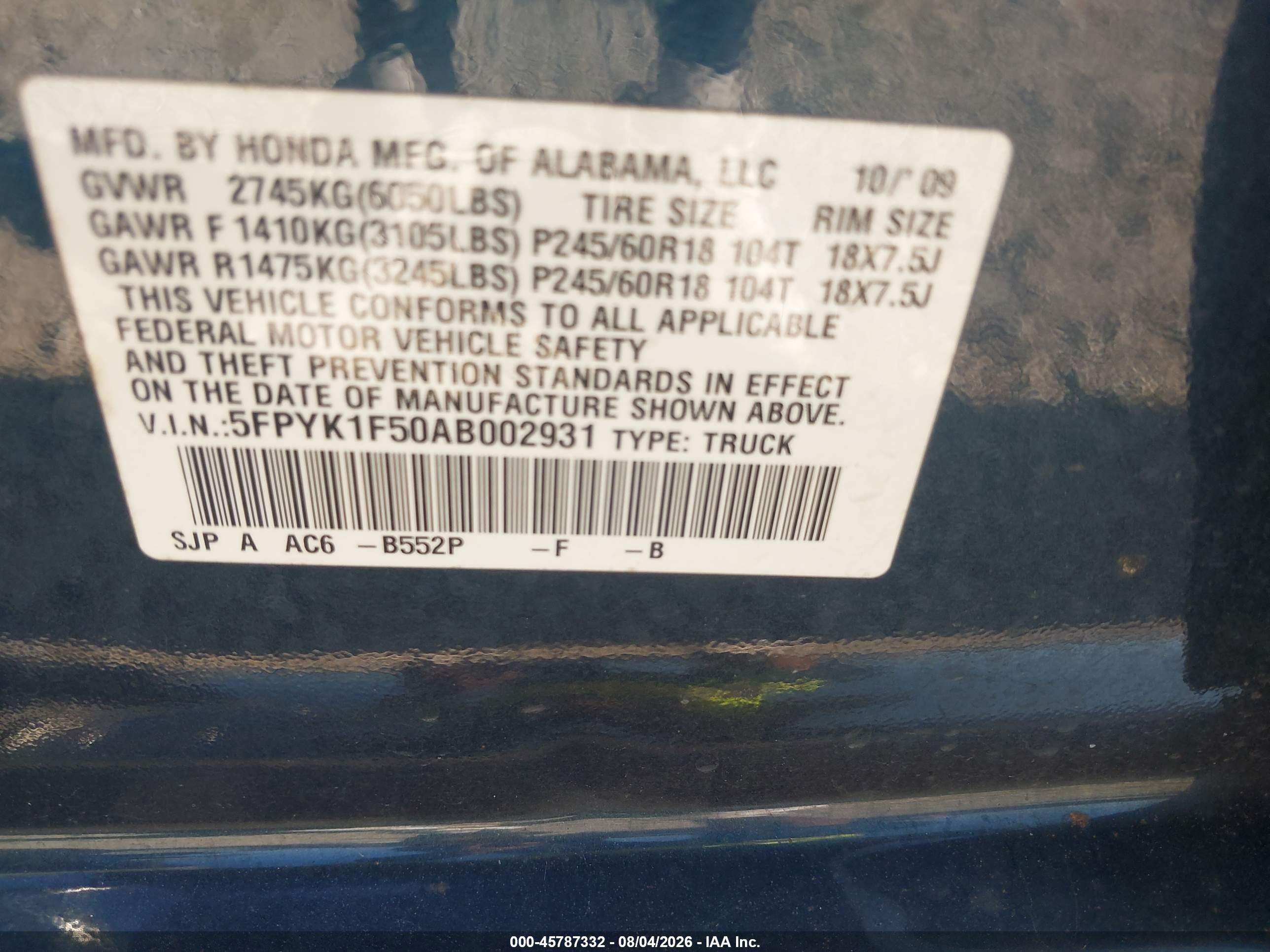 2010 Honda Ridgeline Rtl Blue vin: 5FPYK1F50AB002931