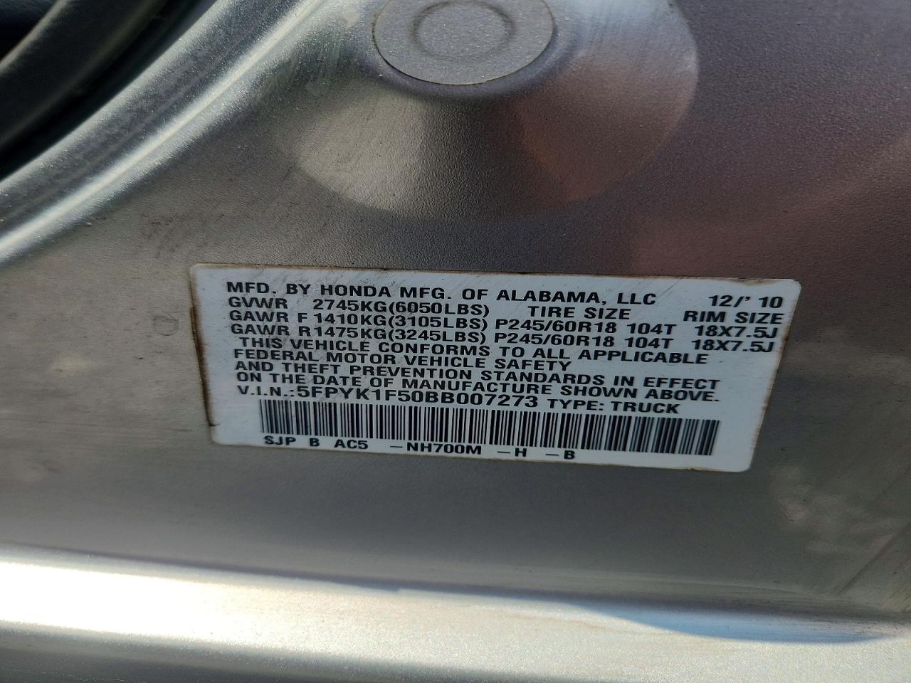 2011 Honda Ridgeline Rtl Silver vin: 5FPYK1F50BB007273