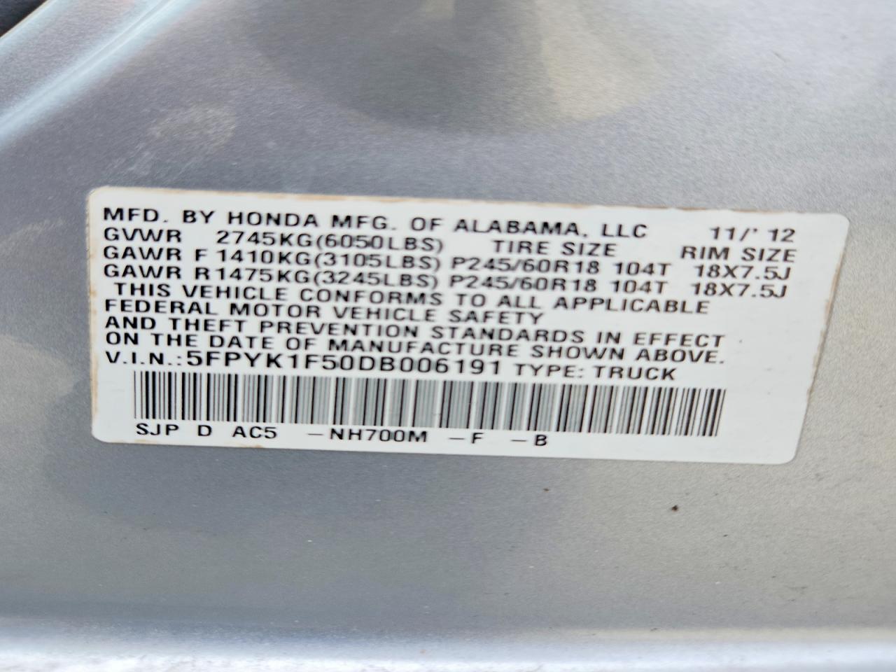 2013 Honda Ridgeline Rtl Silver vin: 5FPYK1F50DB006191