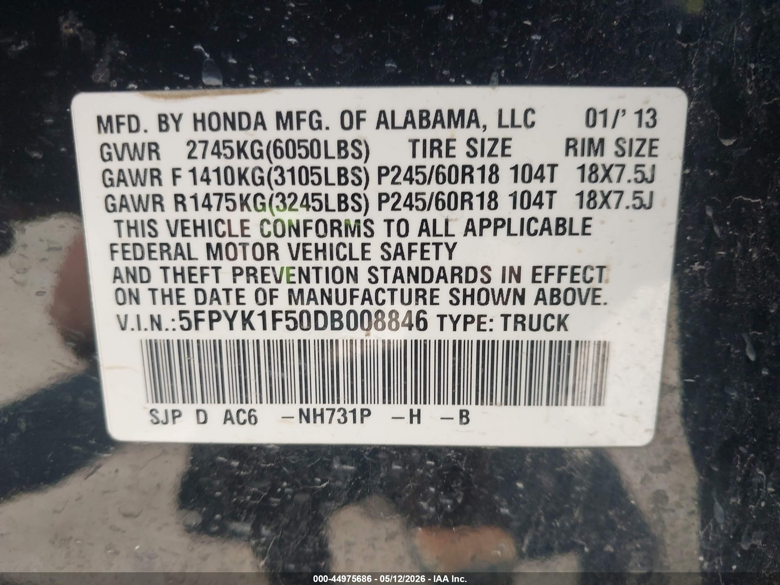 2013 Honda Ridgeline Rtl Black vin: 5FPYK1F50DB008846