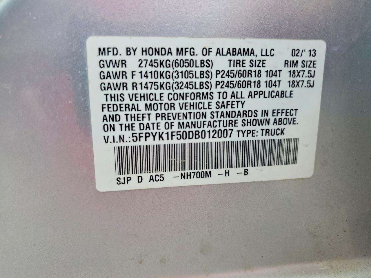 2013 Honda Ridgeline Silver vin: 5FPYK1F50DB012007