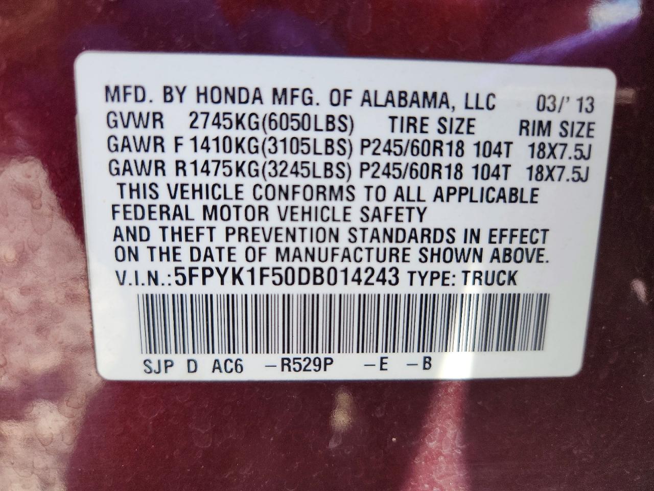 2013 Honda Ridgeline Rtl Maroon vin: 5FPYK1F50DB014243