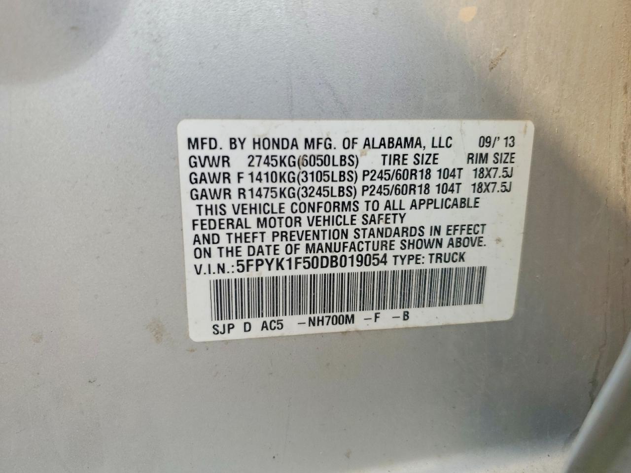 2013 Honda Ridgeline Rtl Silver vin: 5FPYK1F50DB019054