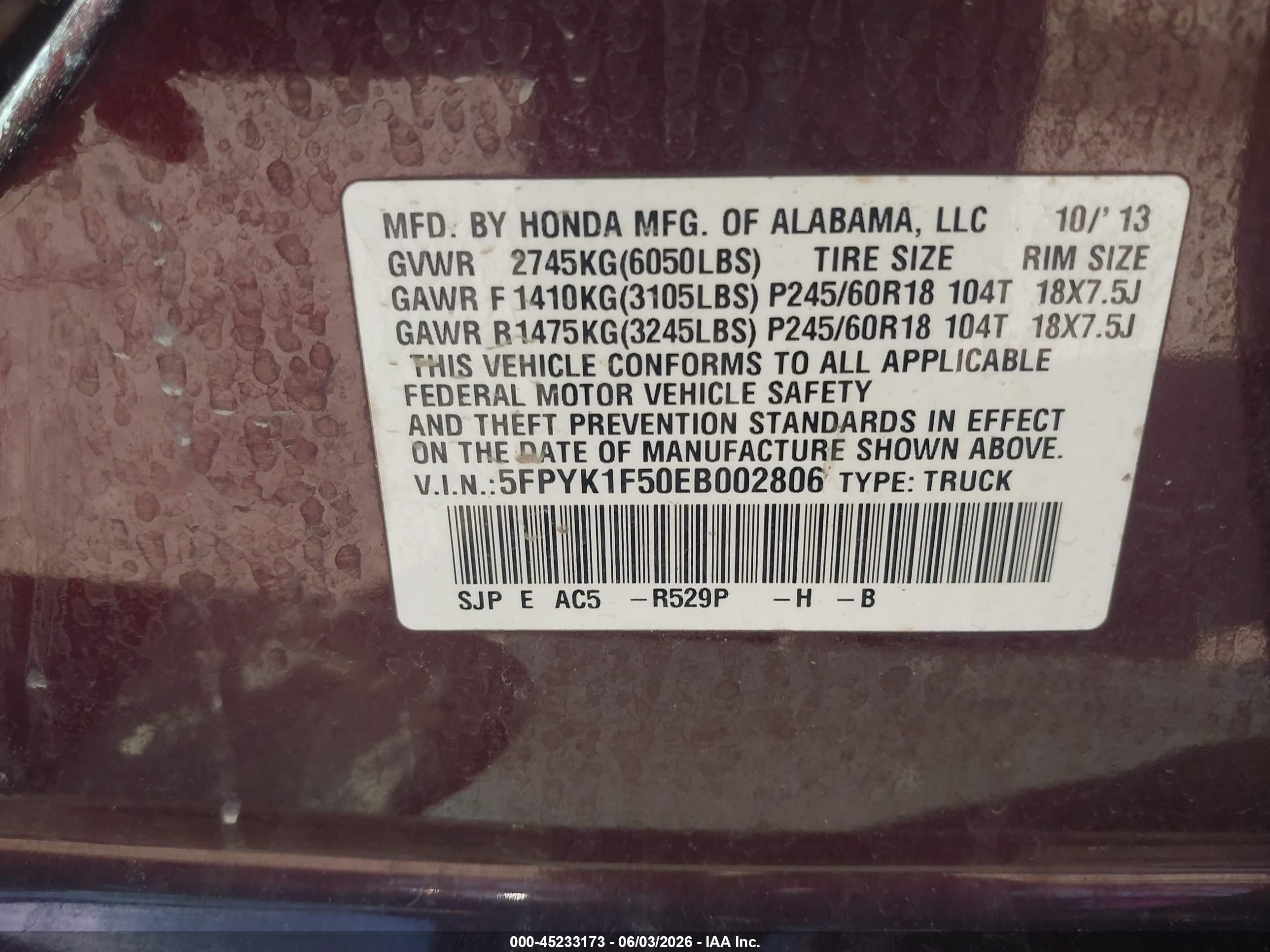 2014 Honda Ridgeline Rtl Red vin: 5FPYK1F50EB002806