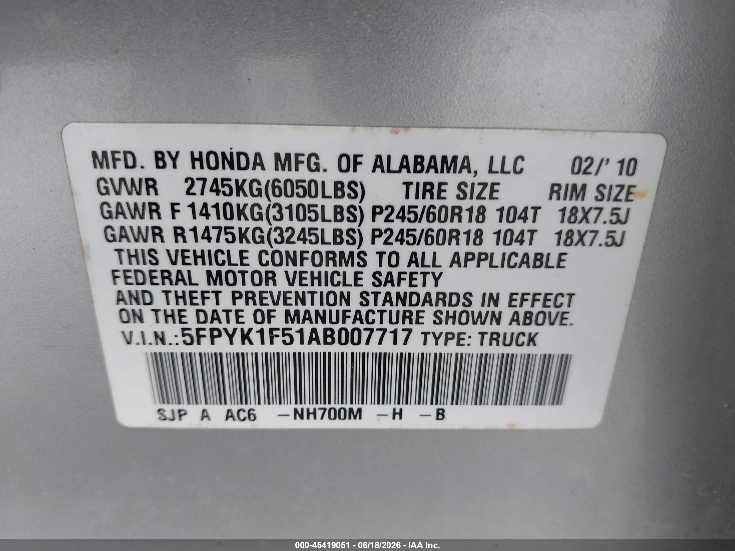 2010 Honda Ridgeline Rtl Silver vin: 5FPYK1F51AB007717