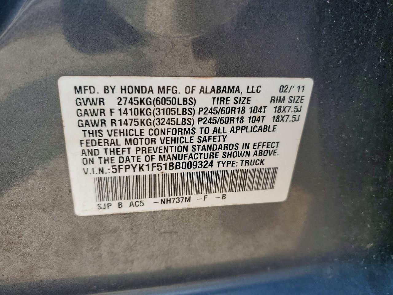 2011 Honda Ridgeline Rtl Gray vin: 5FPYK1F51BB009324