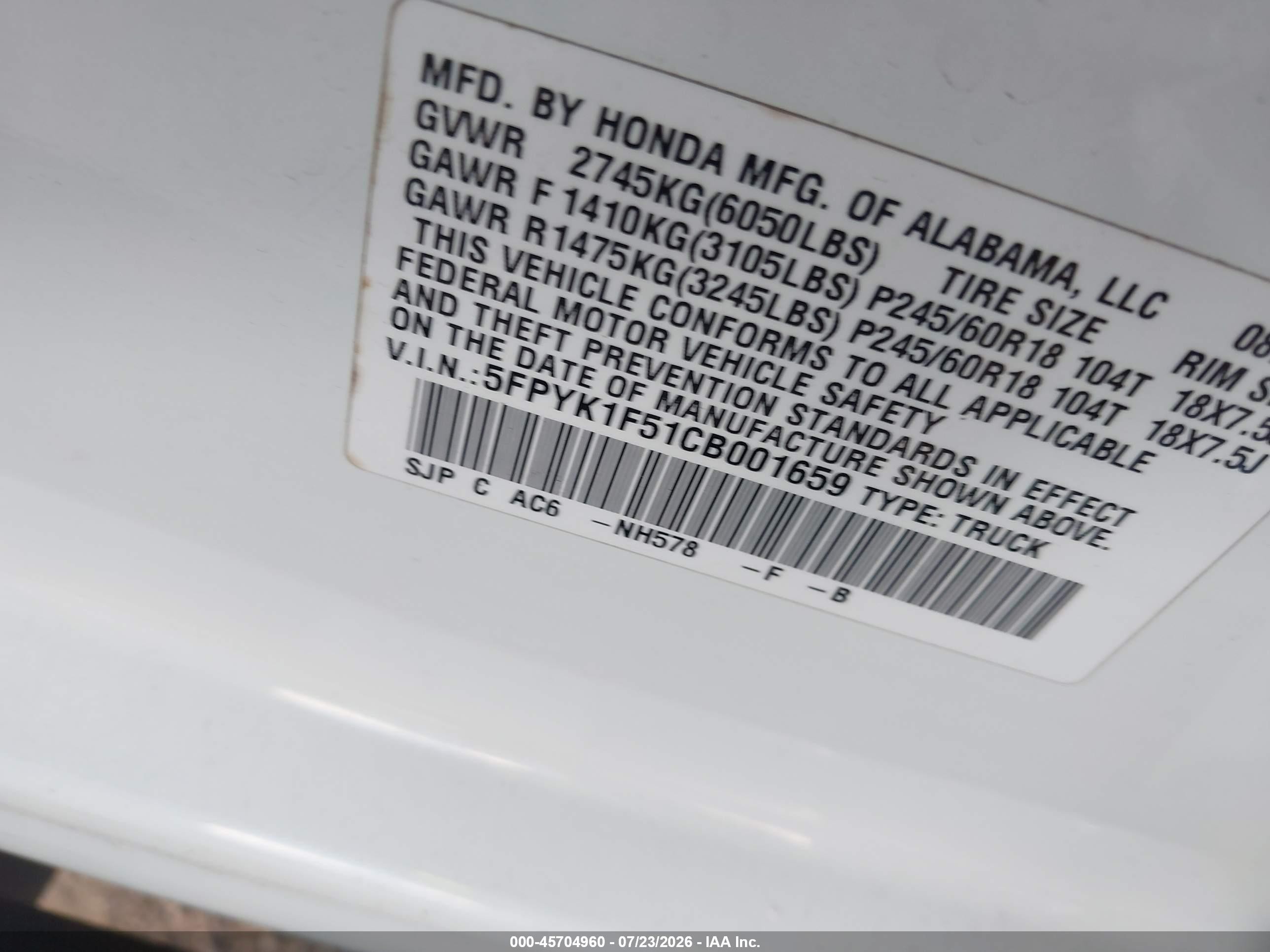 2012 Honda Ridgeline Rtl White vin: 5FPYK1F51CB001659