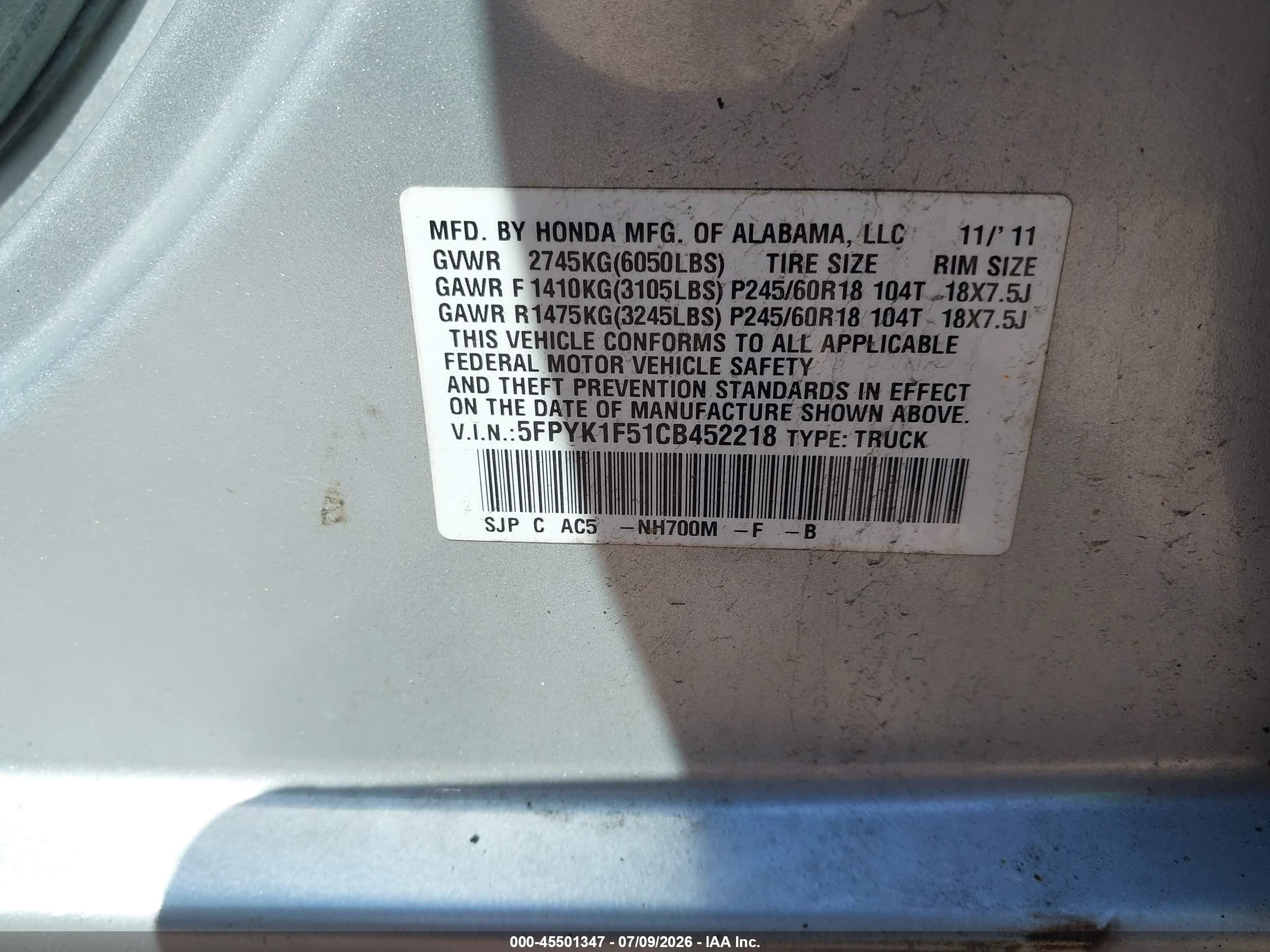 2012 Honda Ridgeline Rtl Silver vin: 5FPYK1F51CB452218